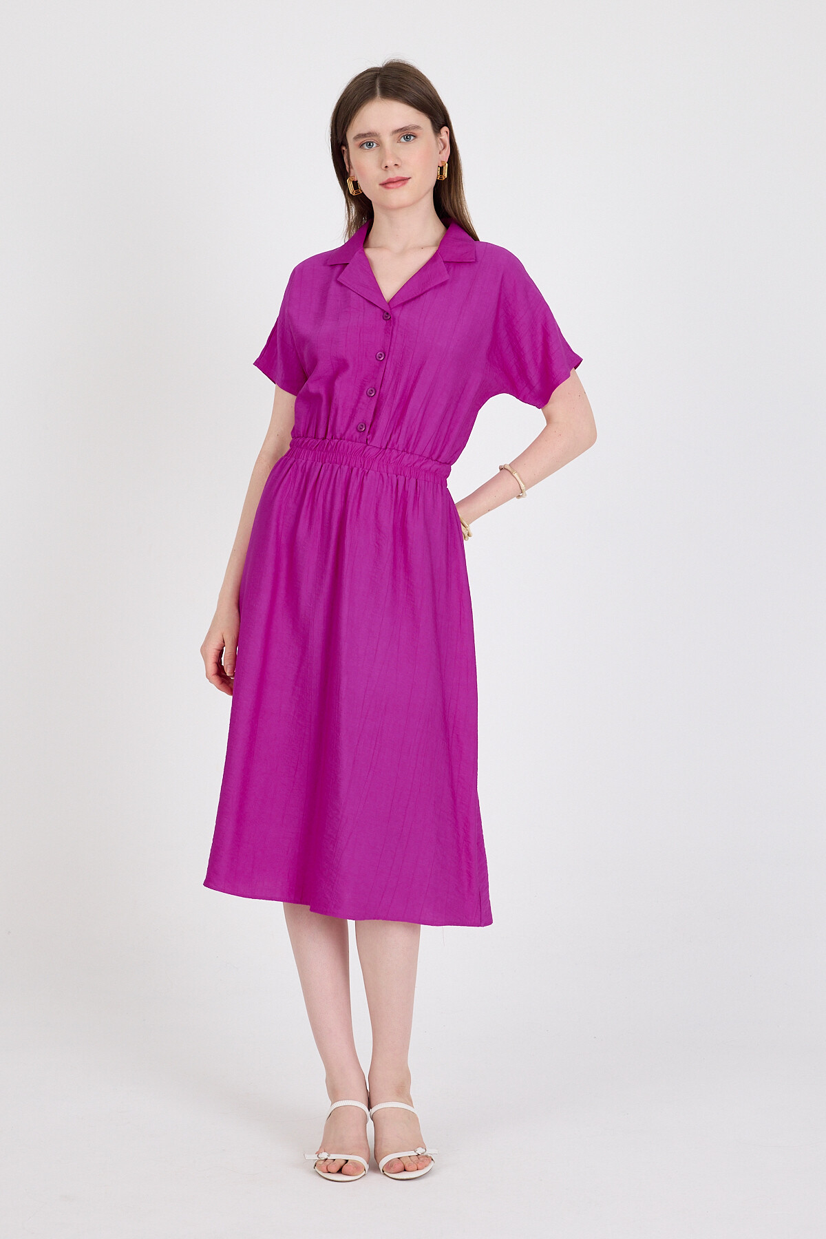 Fuşya Beli Lastikli Gömlek Yaka Kısa Kol Midi Elbise 4475A - 6