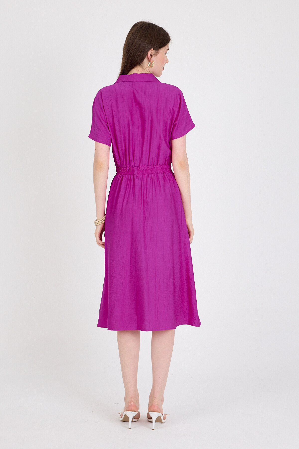 Fuşya Beli Lastikli Gömlek Yaka Kısa Kol Midi Elbise 4475A - 5