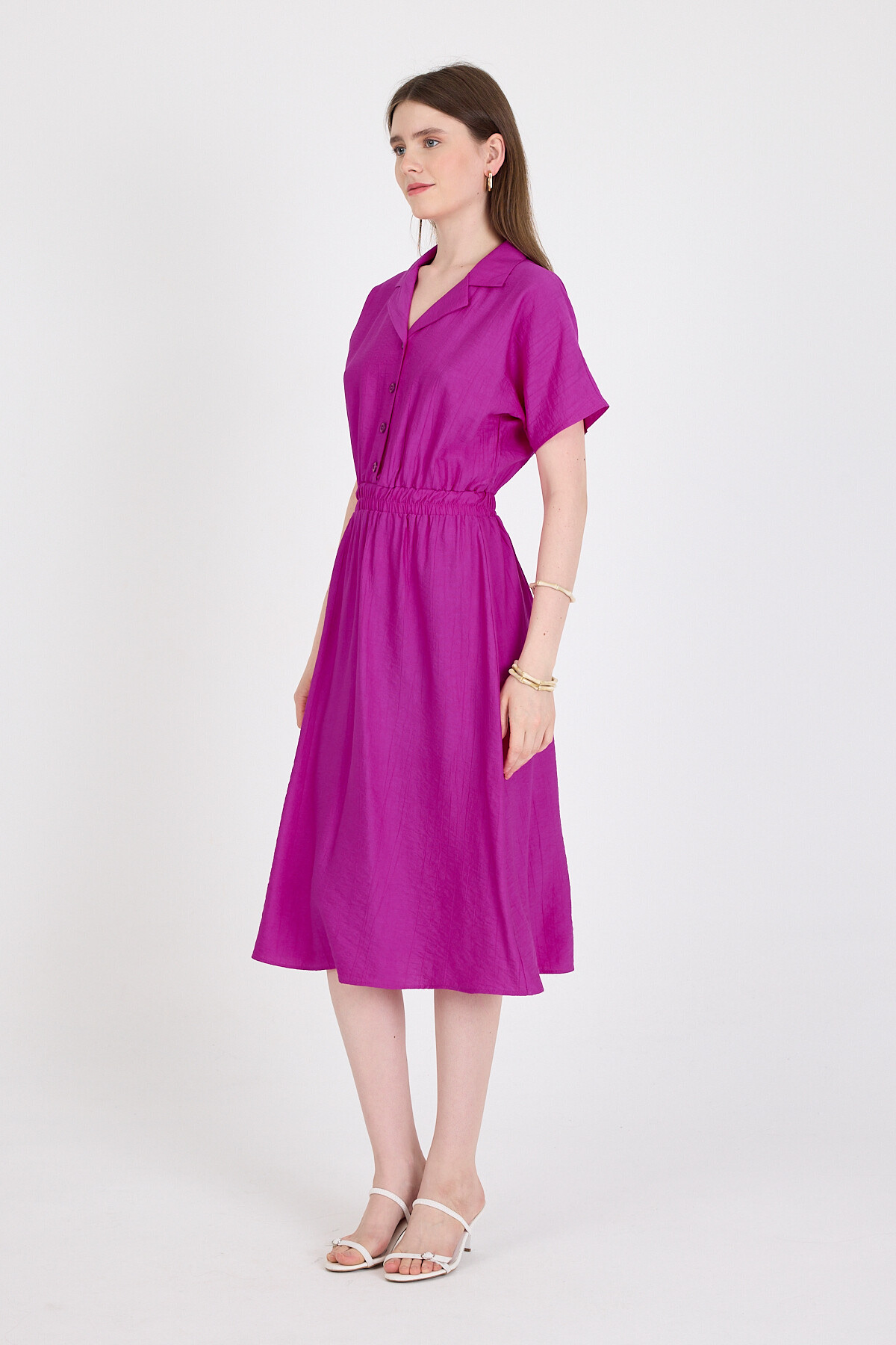 Fuşya Beli Lastikli Gömlek Yaka Kısa Kol Midi Elbise 4475A - 3