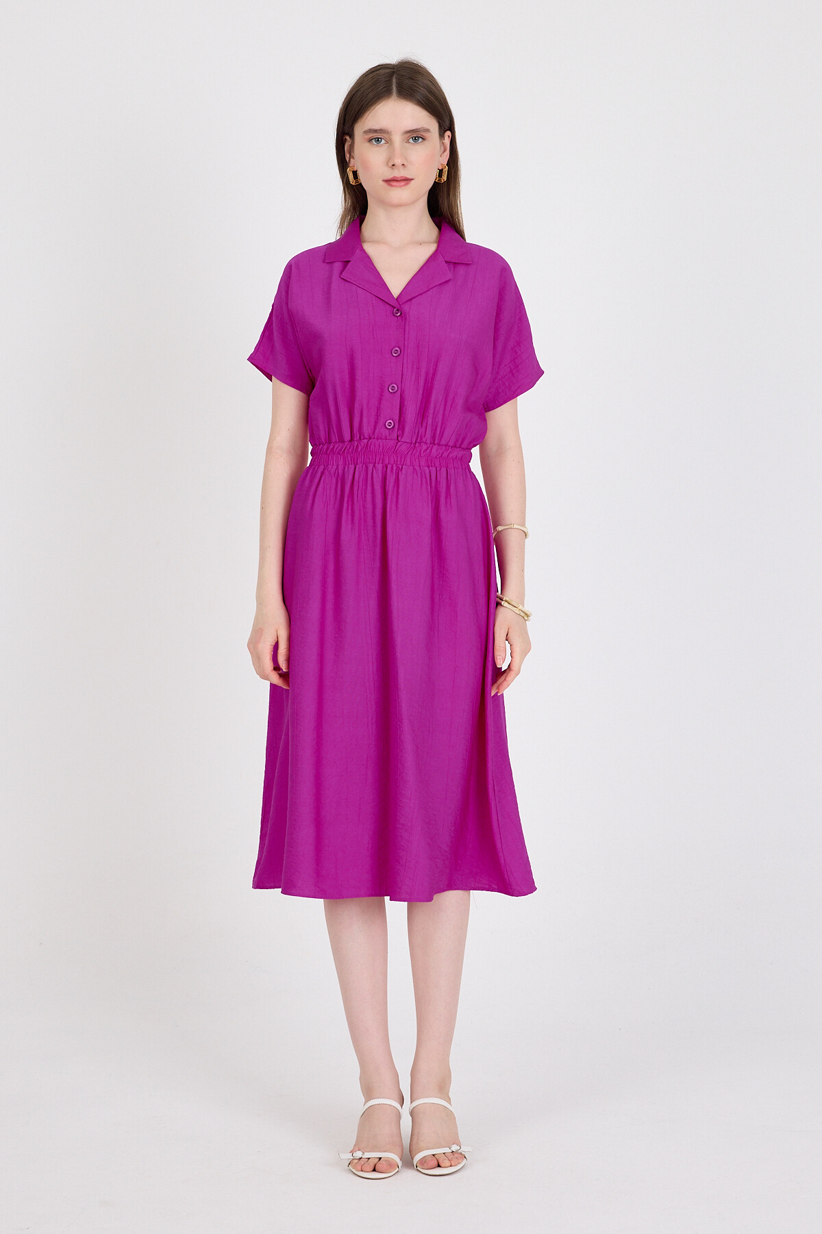 Fuşya Beli Lastikli Gömlek Yaka Kısa Kol Midi Elbise 4475A - 2