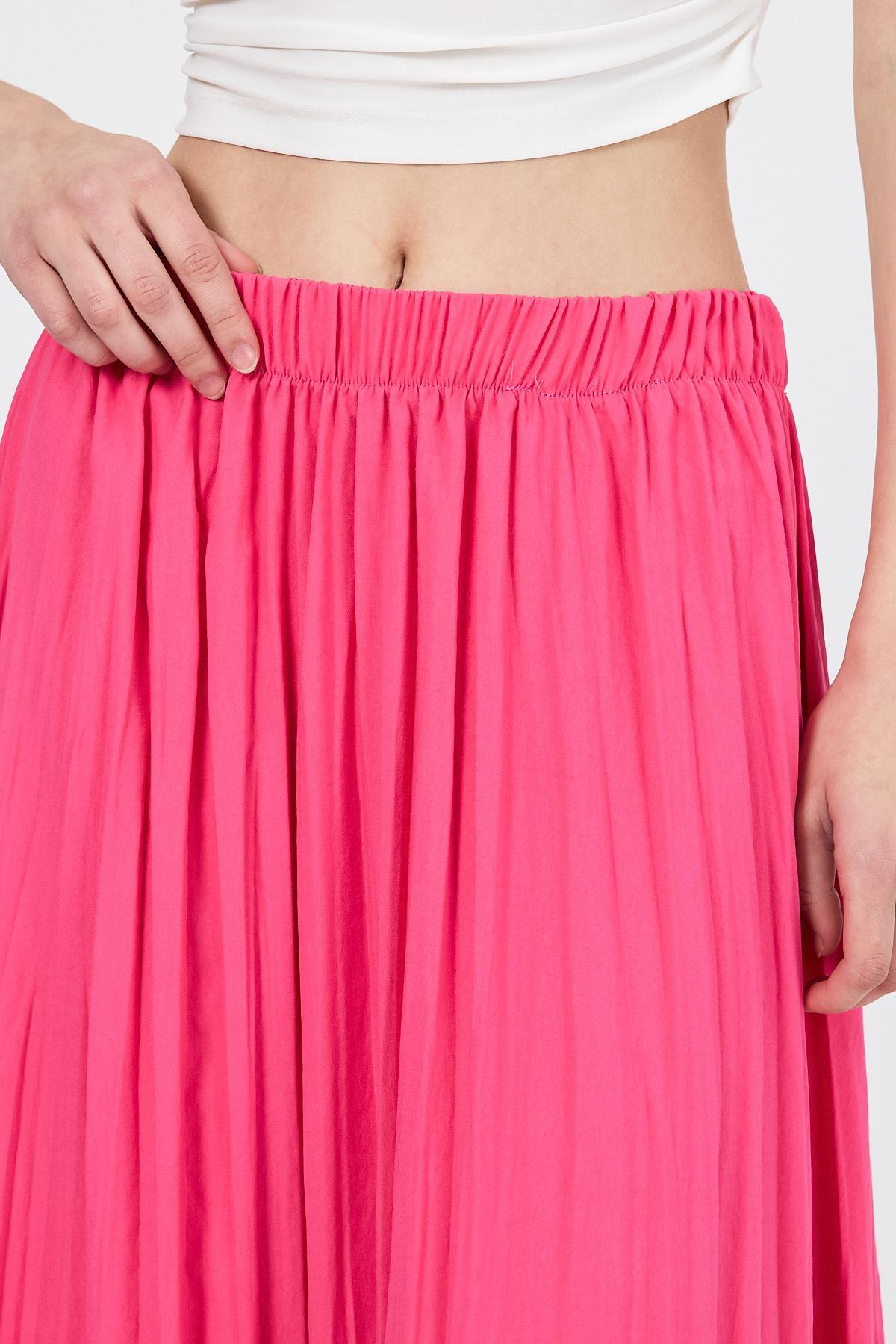 Fuşya Beli Lastikli Kırışık Kumaş Etek 4692A - 4