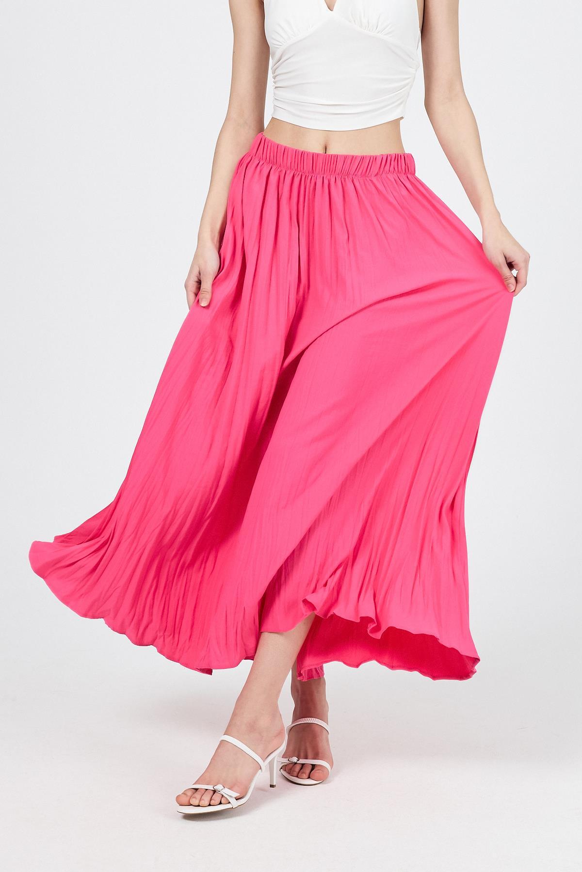 Fuşya Beli Lastikli Kırışık Kumaş Etek 4692A - 6
