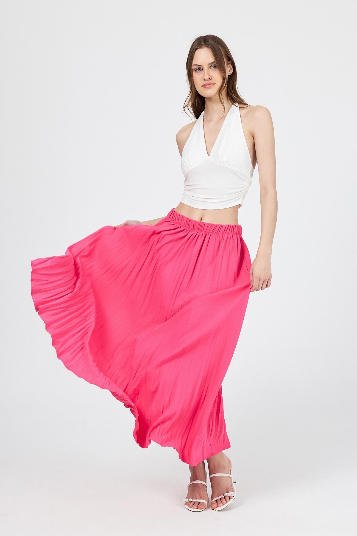 Fuşya Beli Lastikli Kırışık Kumaş Etek 4692A - 1