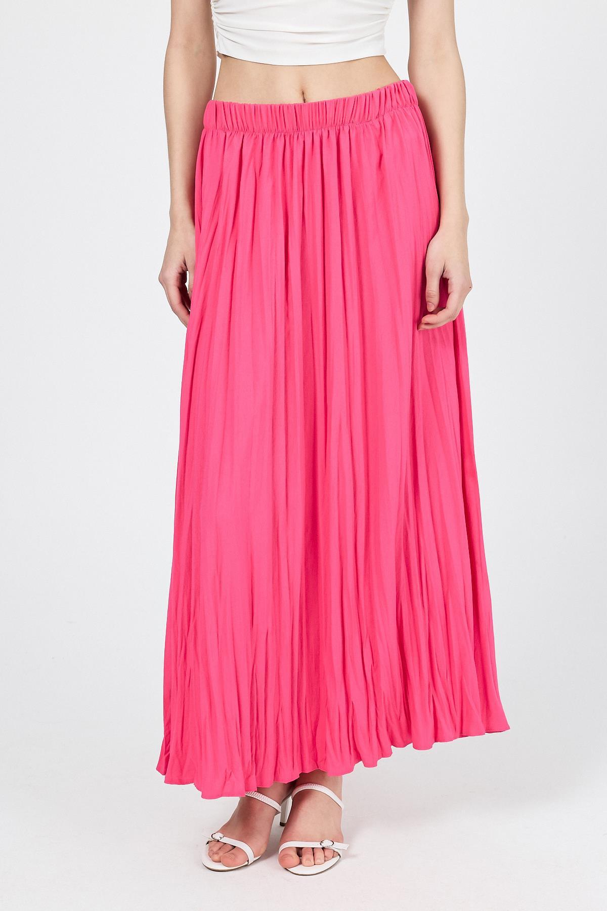 Fuşya Beli Lastikli Kırışık Kumaş Etek 4692A - 3