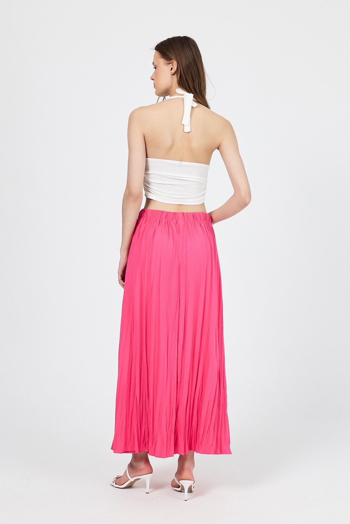 Fuşya Beli Lastikli Kırışık Kumaş Etek 4692A - 5