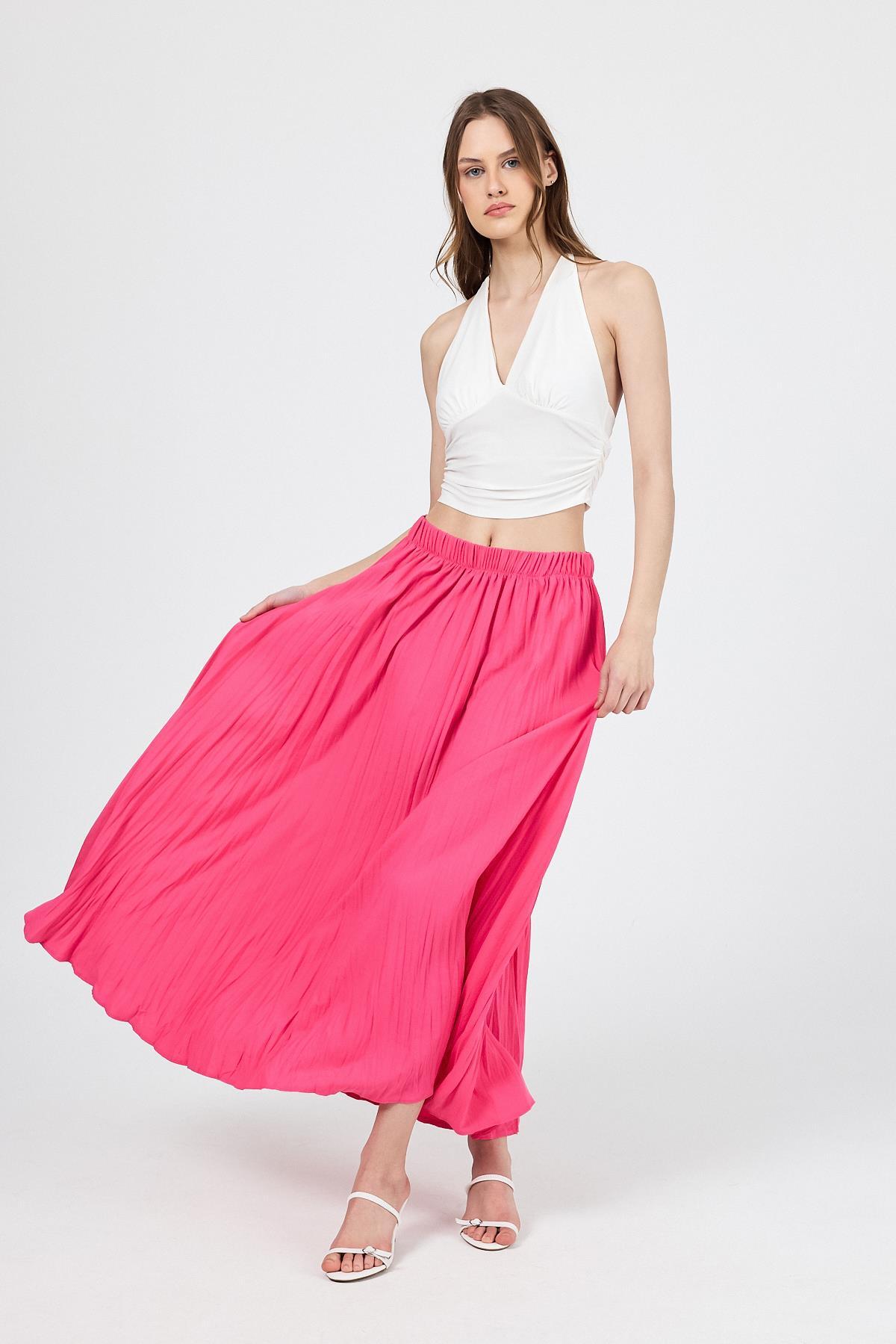 Fuşya Beli Lastikli Kırışık Kumaş Etek 4692A - 7