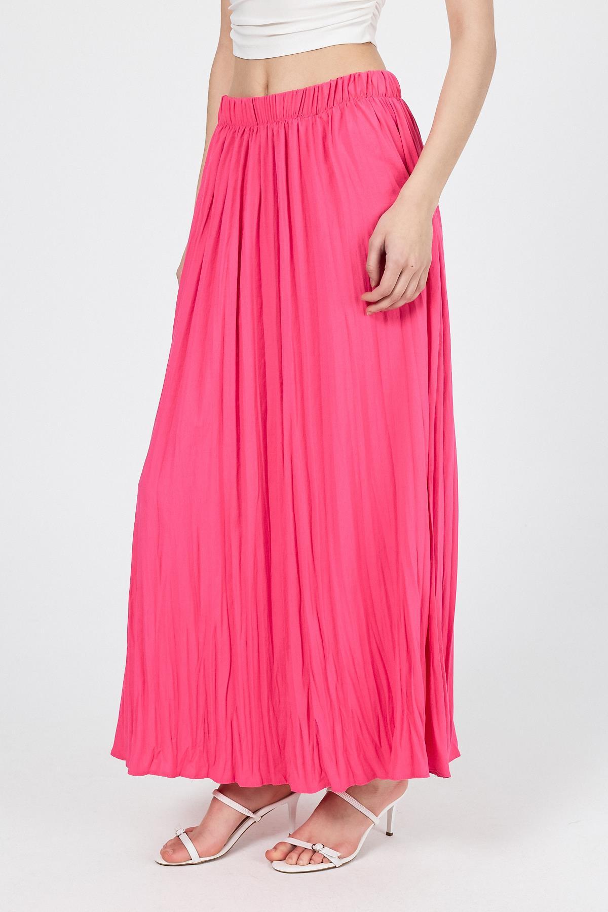 Fuşya Beli Lastikli Kırışık Kumaş Etek 4692A - 8
