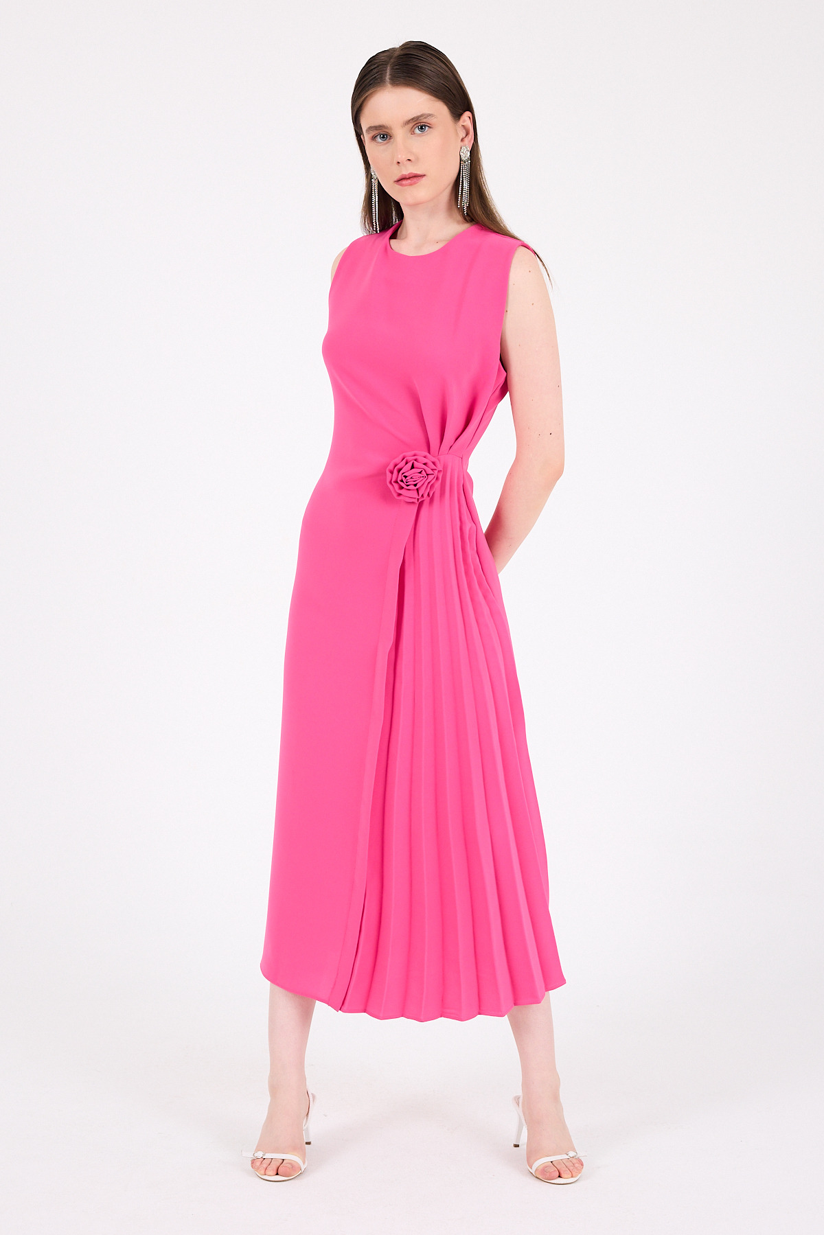 Fuşya Çiçek Detaylı Pliseli Midi Abiye Elbise 251671 - 2