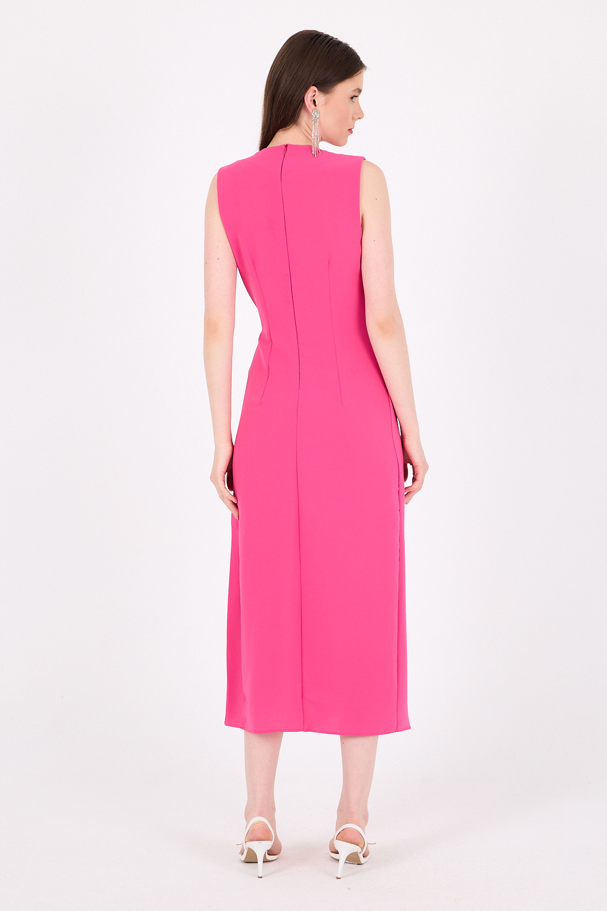 Fuşya Çiçek Detaylı Pliseli Midi Abiye Elbise 251671 - 5