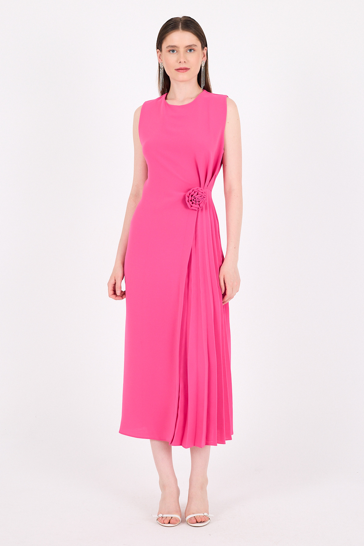 Fuşya Çiçek Detaylı Pliseli Midi Abiye Elbise 251671 - 1