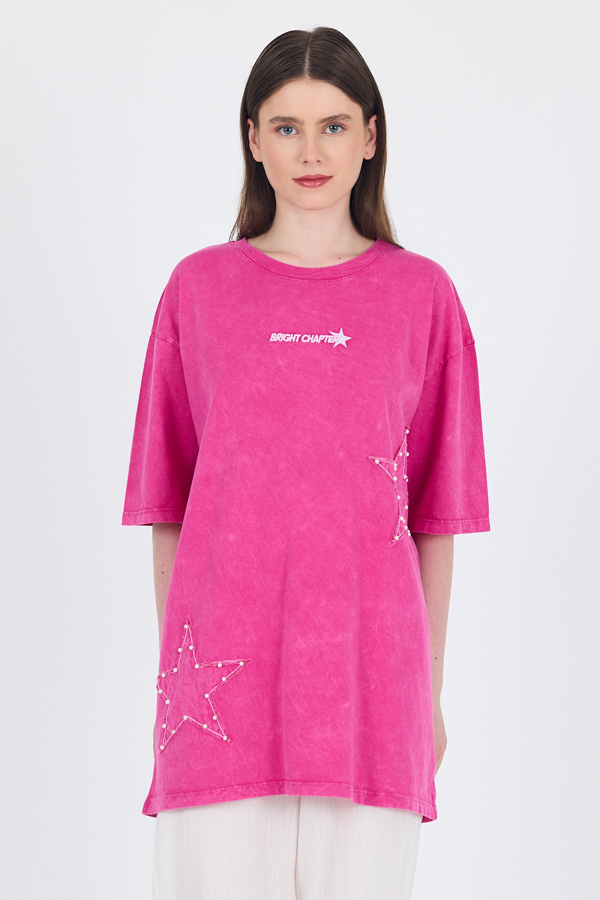 Fuşya İnci Yıldız Nakışlı Oversize Tişört 253018 - 1
