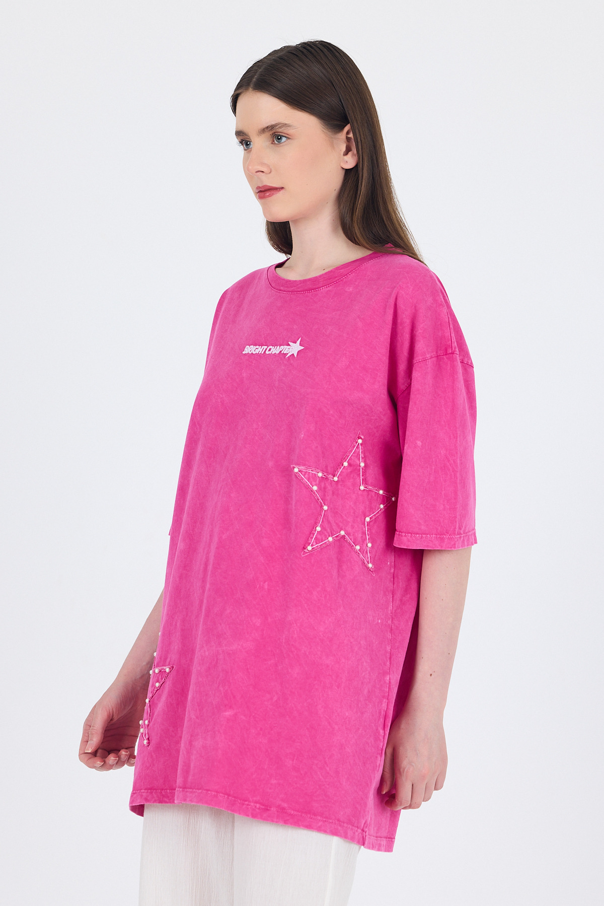 Fuşya İnci Yıldız Nakışlı Oversize Tişört 253018 - 2