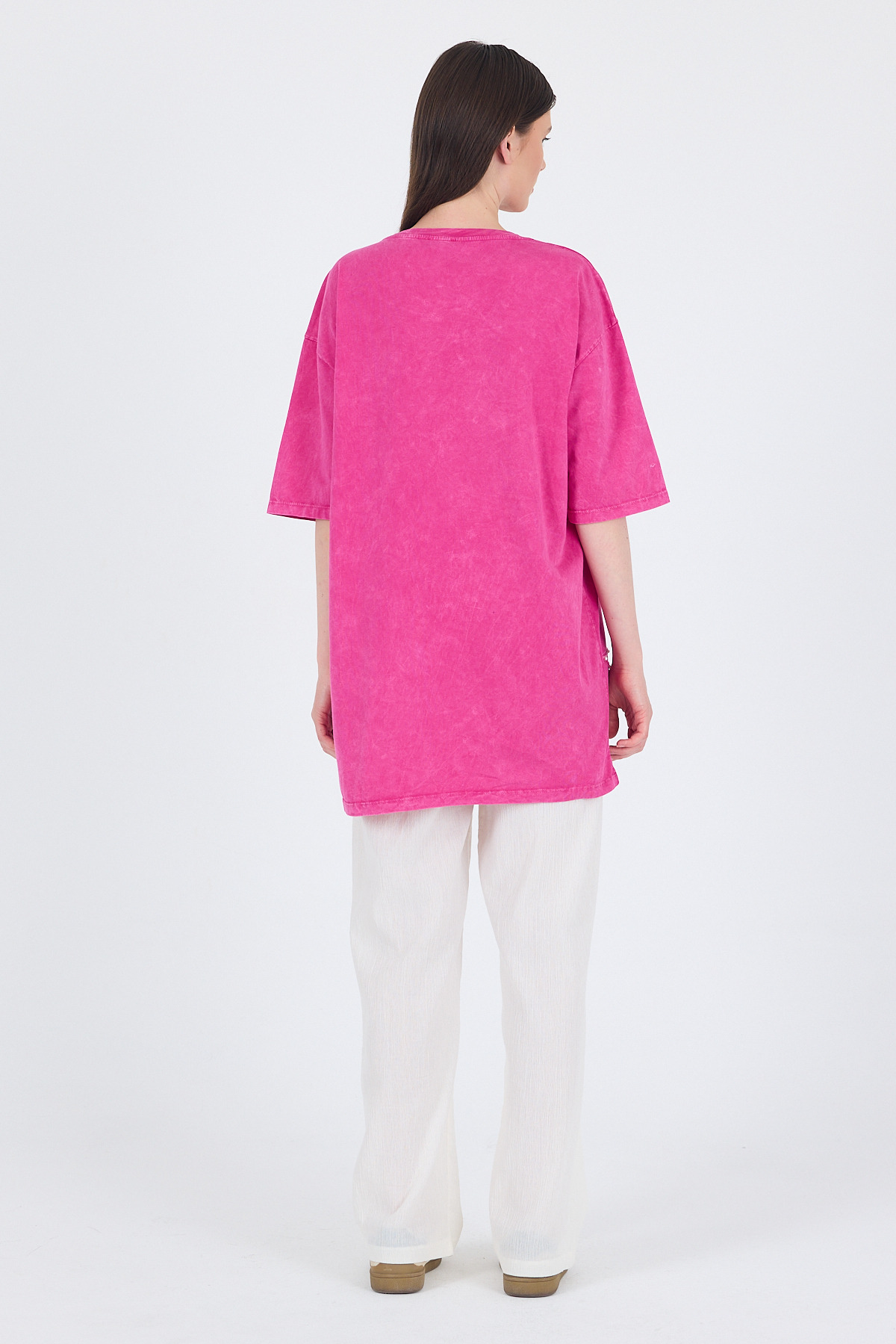 Fuşya İnci Yıldız Nakışlı Oversize Tişört 253018 - 5