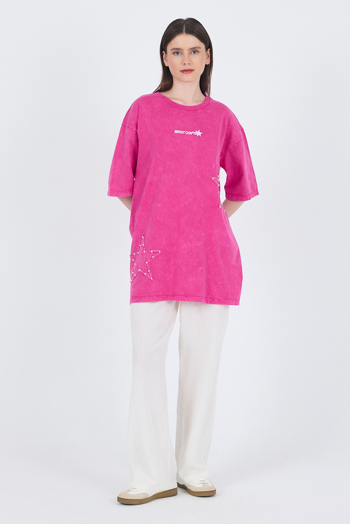 Fuşya İnci Yıldız Nakışlı Oversize Tişört 253018 - RAYS