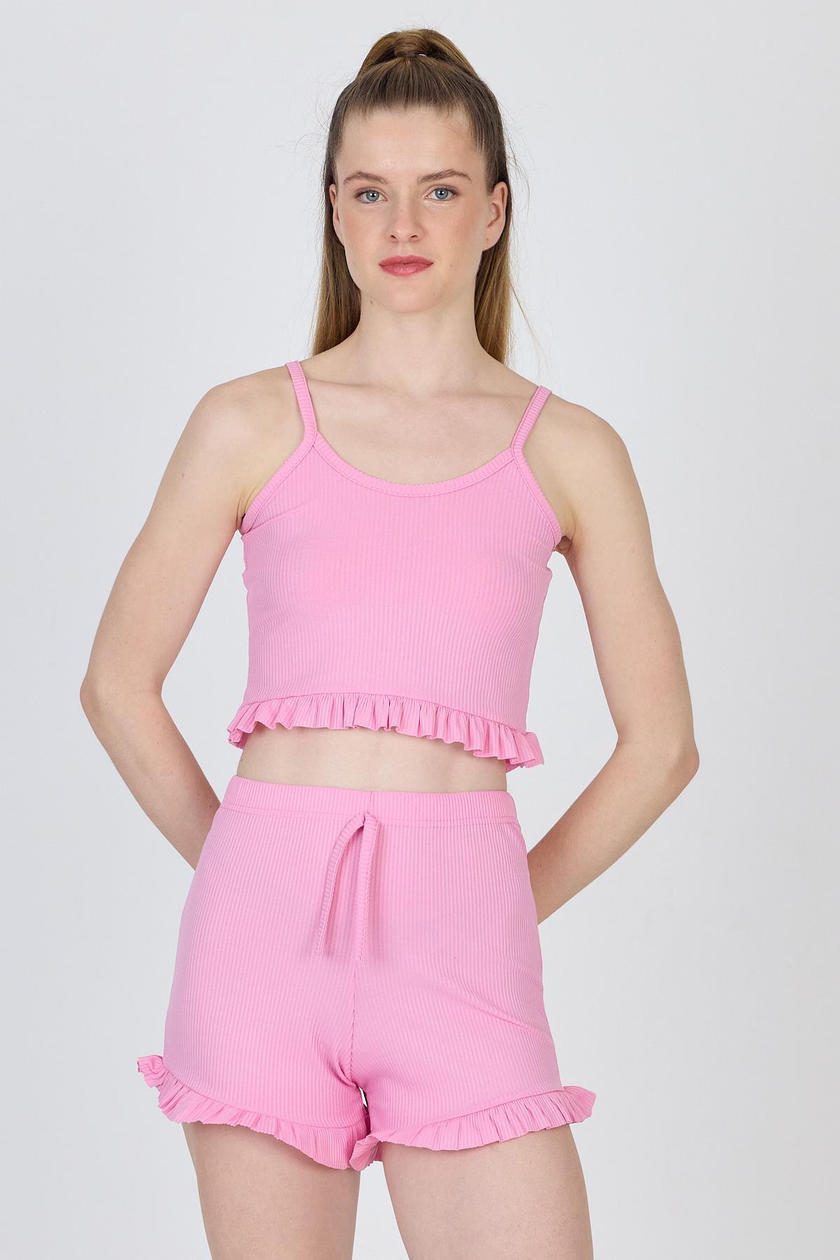 Fuşya İp Askılı Fırfırlı Şortlu Takım 0703 - 2