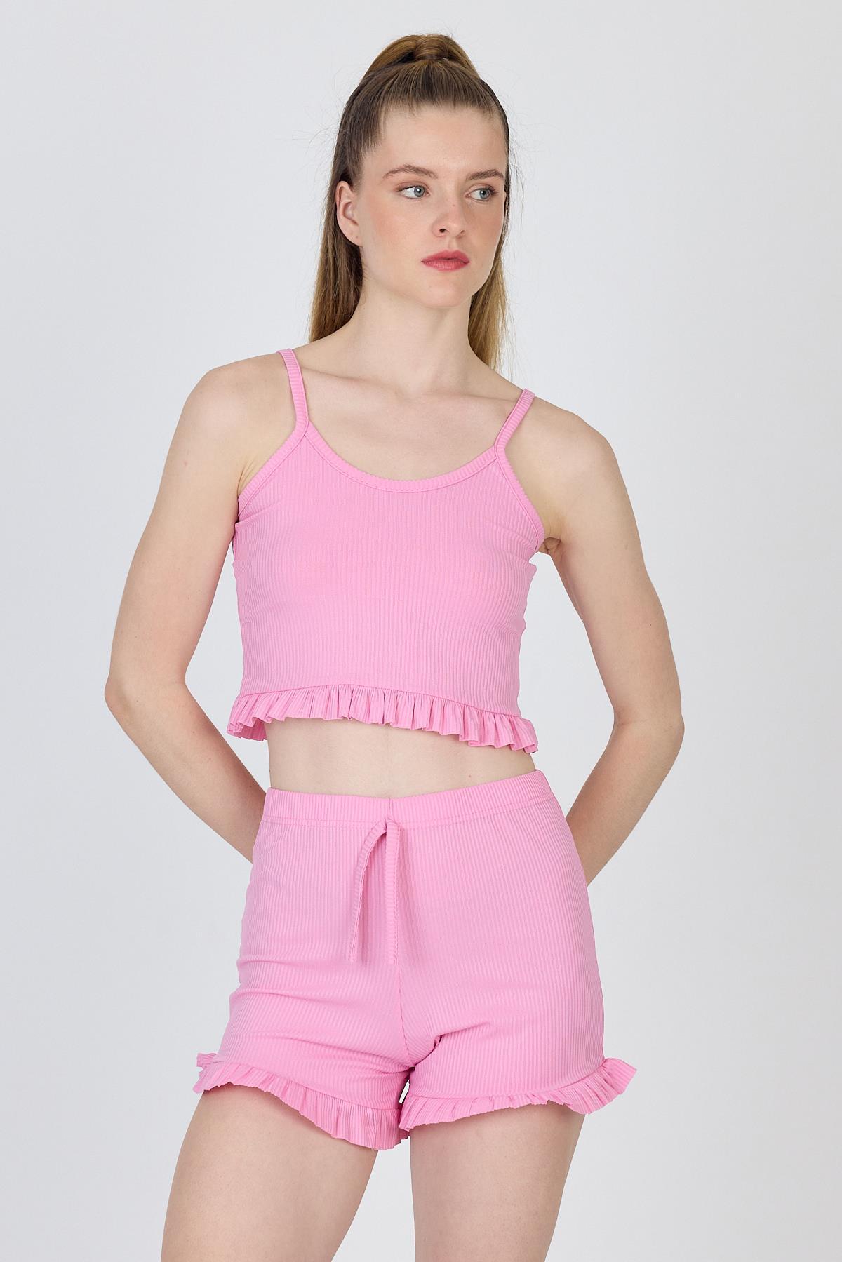Fuşya İp Askılı Fırfırlı Şortlu Takım 0703 - 6