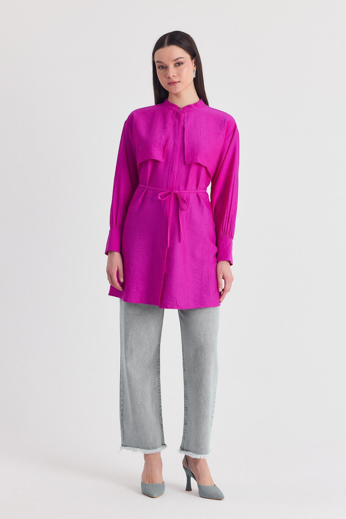 Fuşya Parça Detaylı İp Bağcıklı Gömlek 4553A - RAYS
