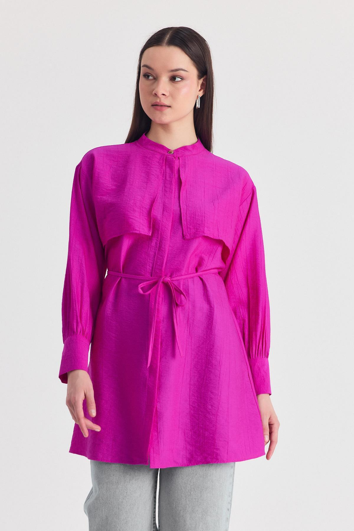 Fuşya Parça Detaylı İp Bağcıklı Gömlek 4553A - RAYS