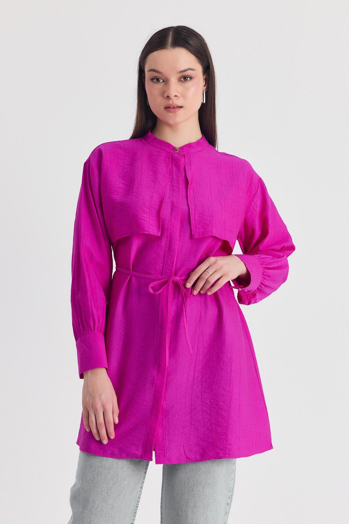 Fuşya Parça Detaylı İp Bağcıklı Gömlek 4553A - 3