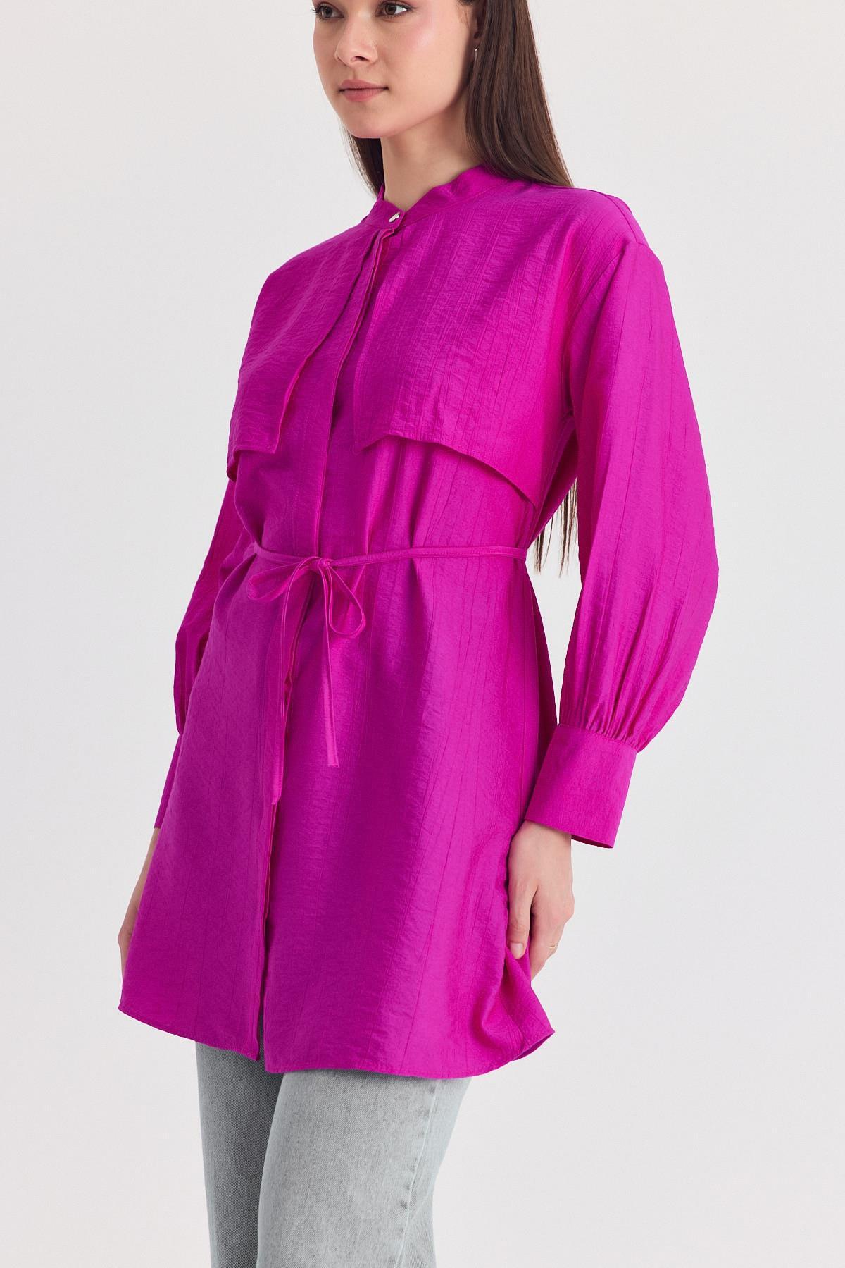 Fuşya Parça Detaylı İp Bağcıklı Gömlek 4553A - 4