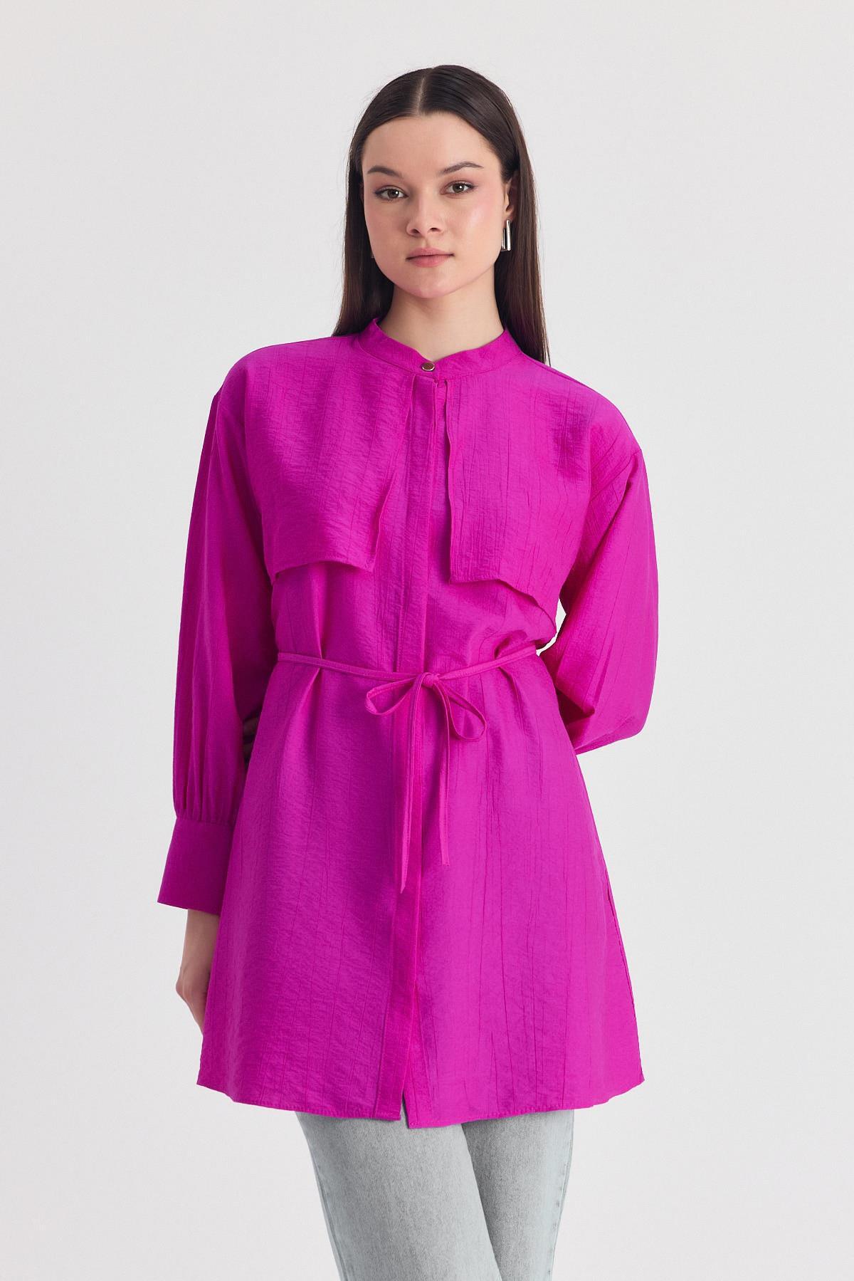 Fuşya Parça Detaylı İp Bağcıklı Gömlek 4553A - 6