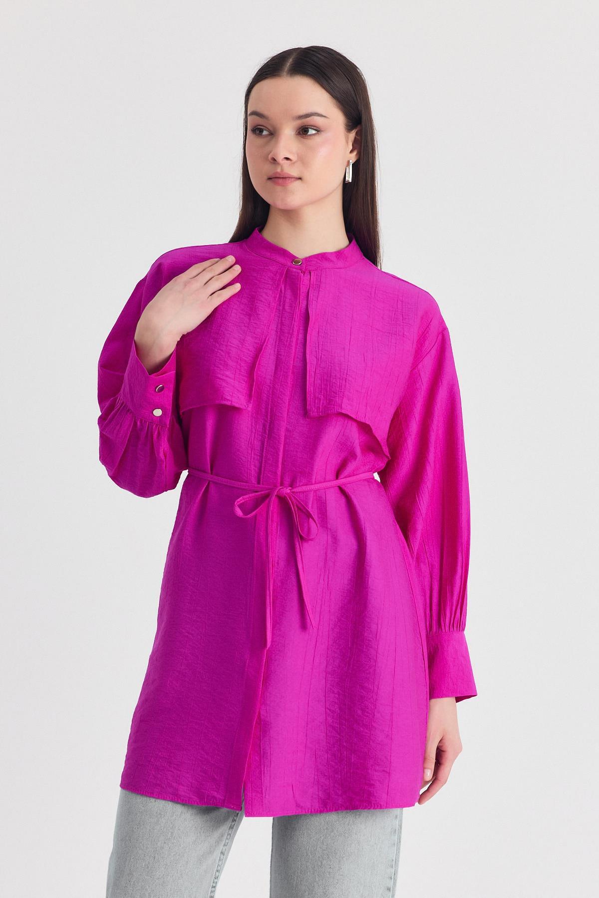 Fuşya Parça Detaylı İp Bağcıklı Gömlek 4553A - 8