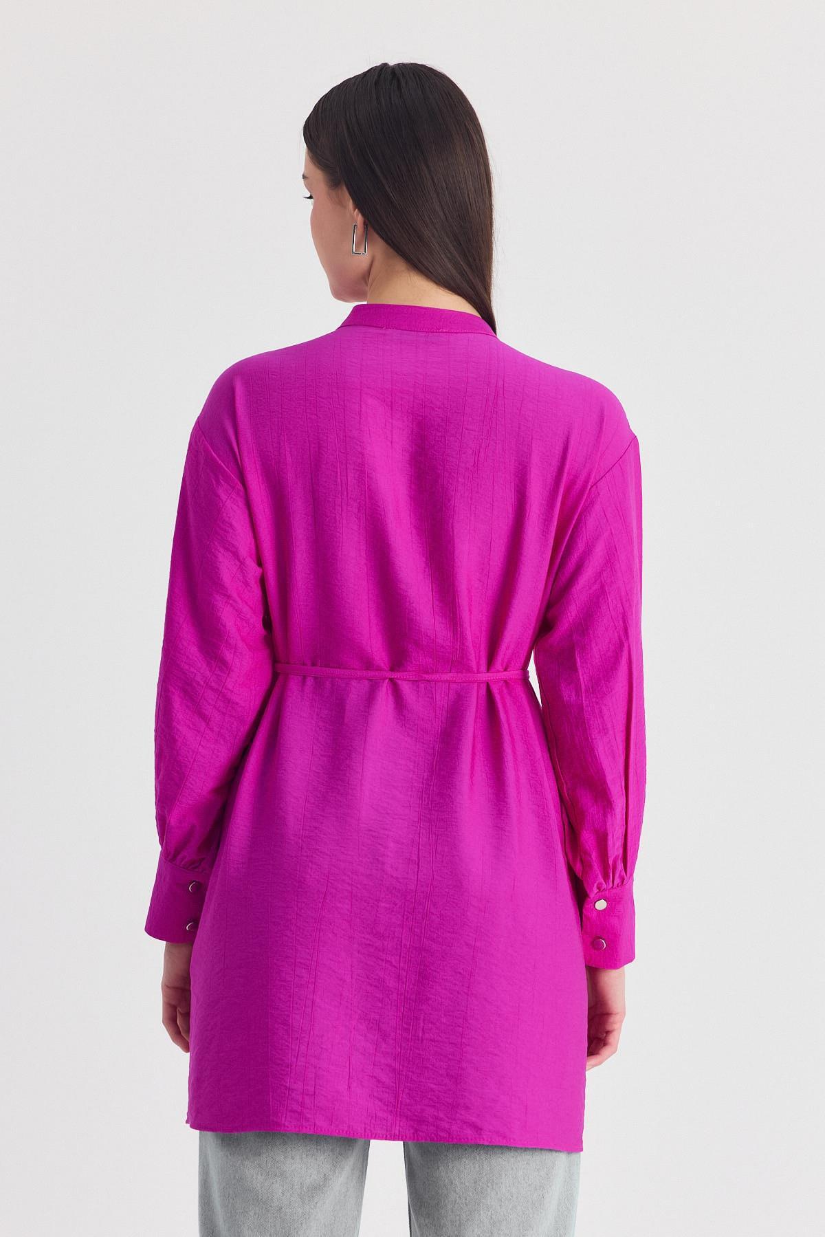 Fuşya Parça Detaylı İp Bağcıklı Gömlek 4553A - 5
