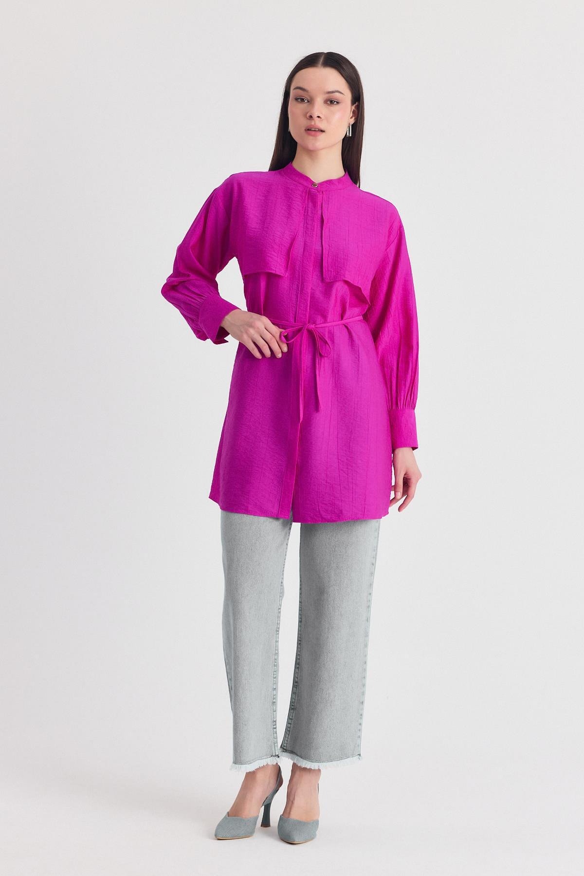 Fuşya Parça Detaylı İp Bağcıklı Gömlek 4553A - 7