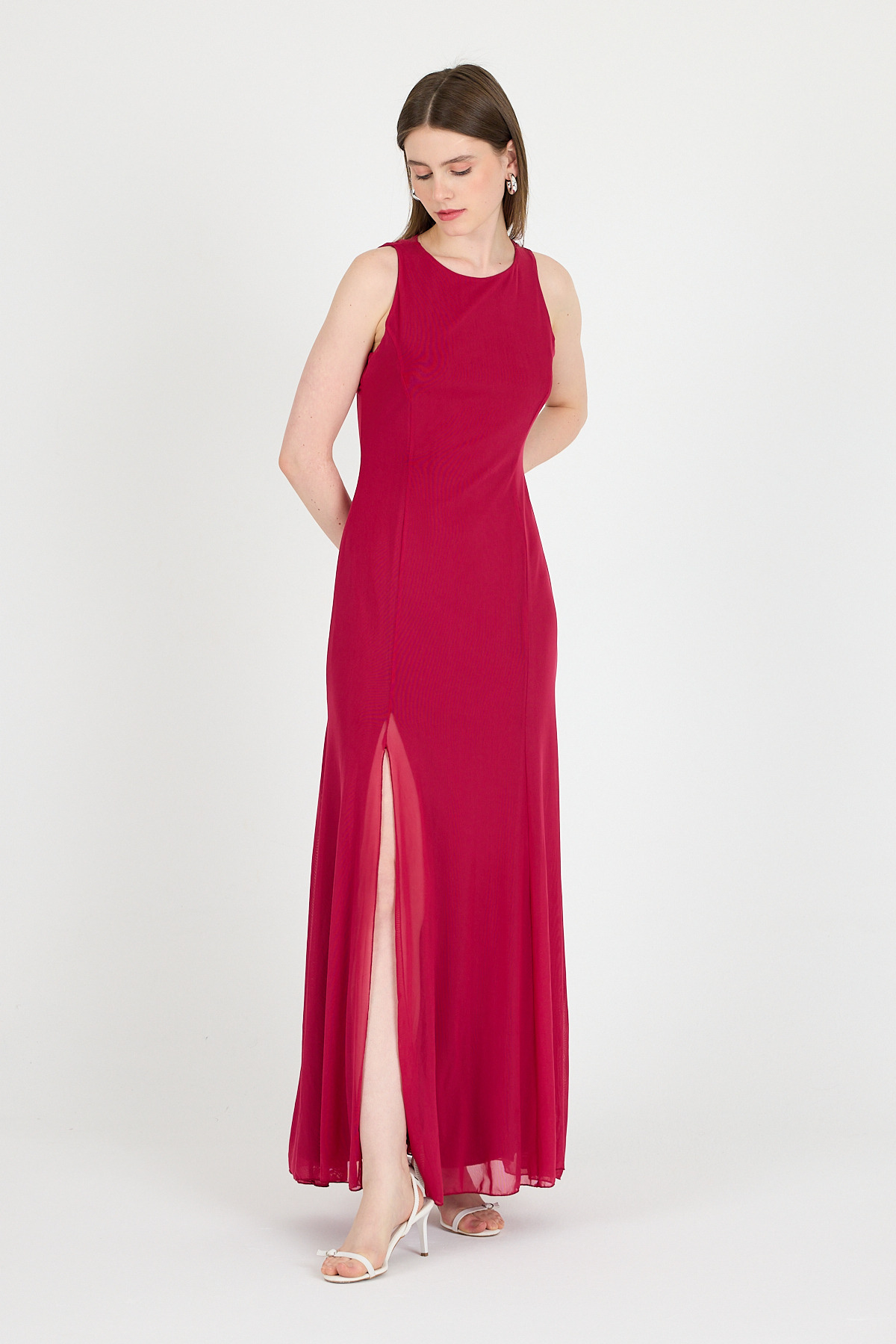 Fuşya Yandan Yırtmaçlı Tül Uzun Elbise 251657 - RAYS