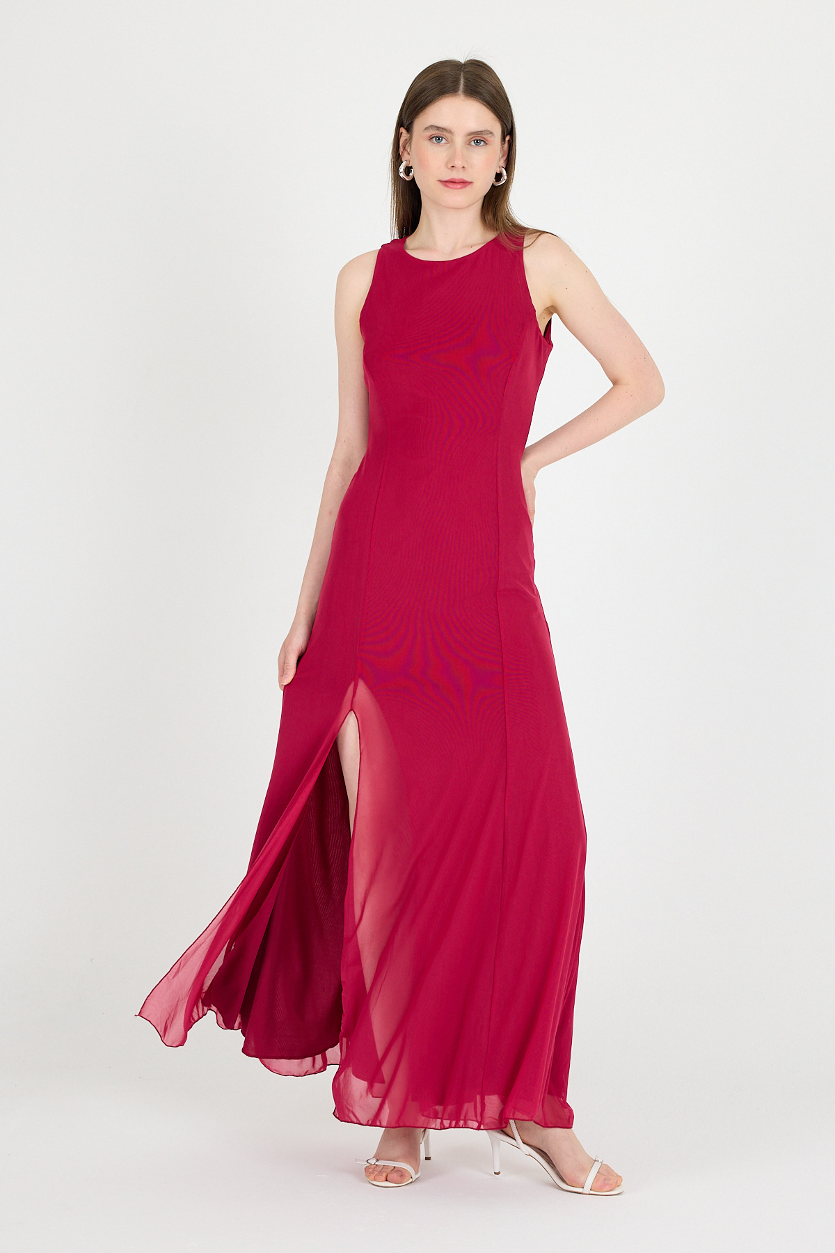 Fuşya Yandan Yırtmaçlı Tül Uzun Elbise 251657 - 6