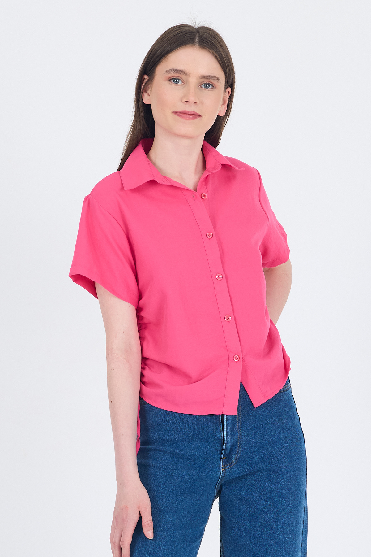 Fuşya Yanları Büzgülü Bağcıklı Kısa Kollu Gömlek 4368A - RAYS
