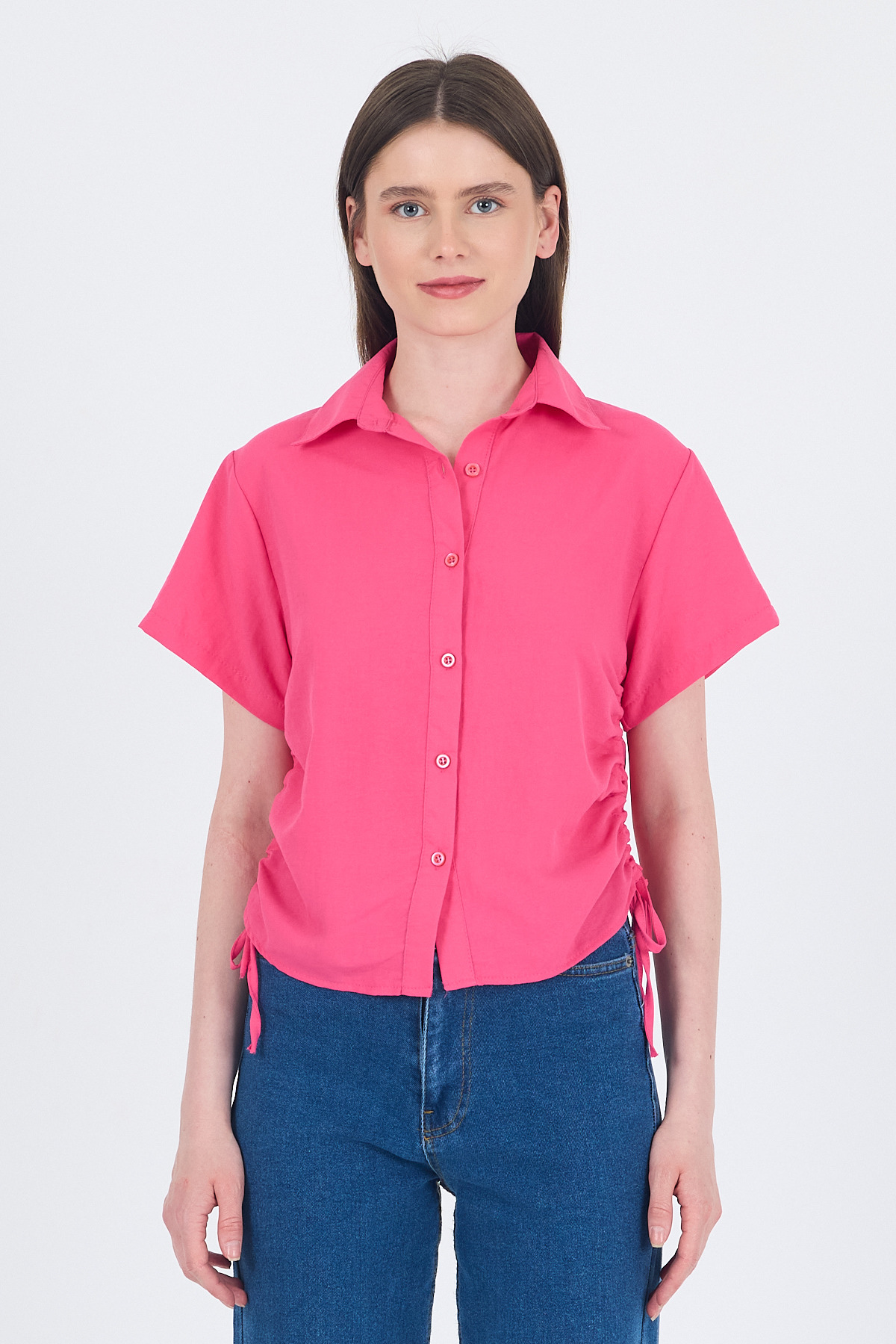 Fuşya Yanları Büzgülü Bağcıklı Kısa Kollu Gömlek 4368A - 2