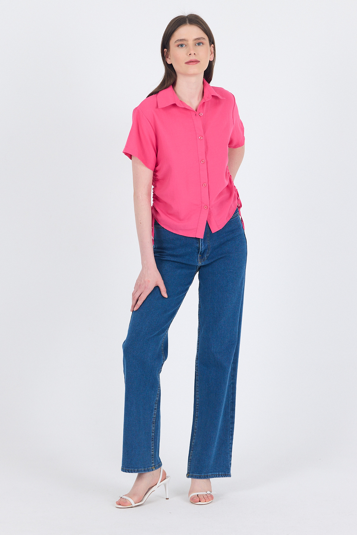 Fuşya Yanları Büzgülü Bağcıklı Kısa Kollu Gömlek 4368A - RAYS