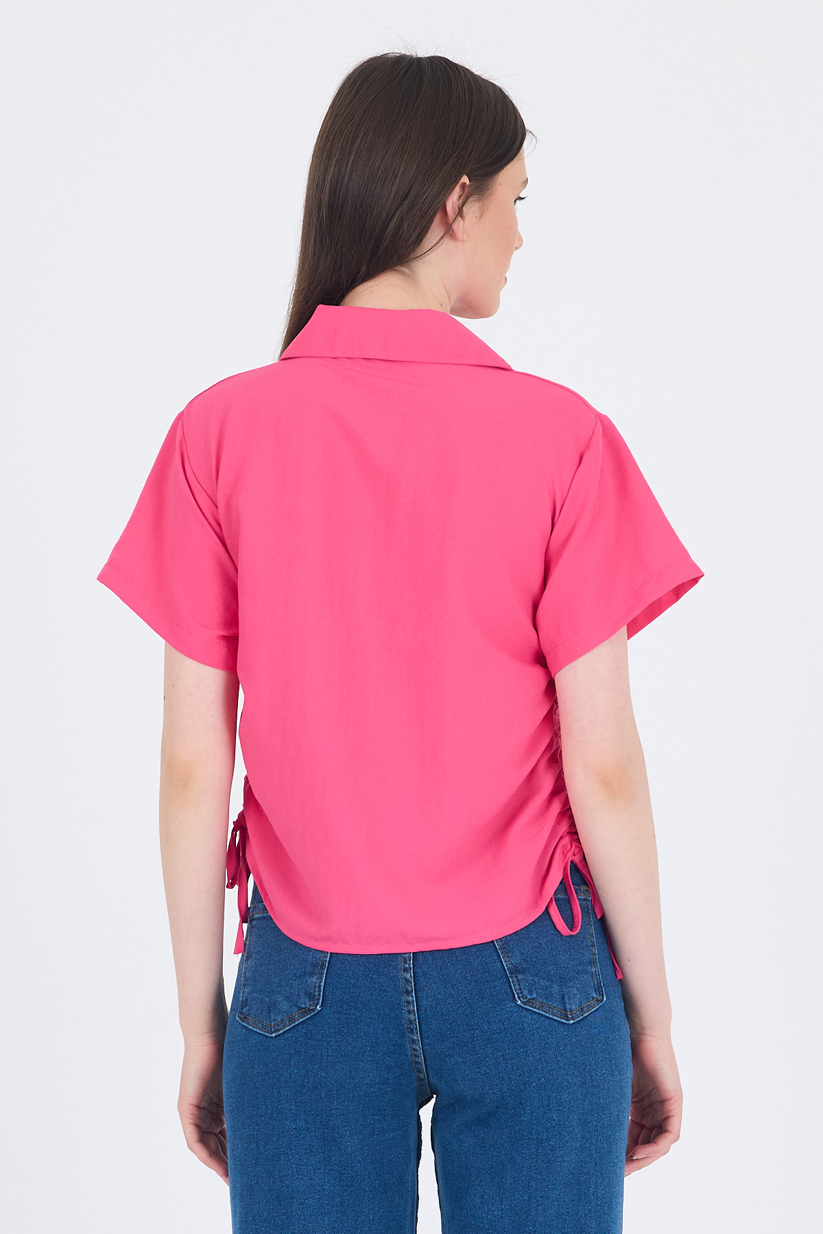 Fuşya Yanları Büzgülü Bağcıklı Kısa Kollu Gömlek 4368A - 5