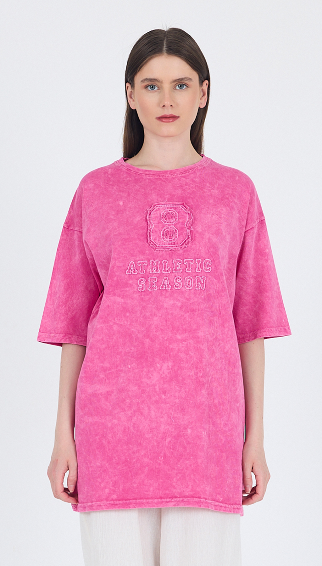 Fuşya Yazı Nakışlı Oversize Tişört 253017 - 1