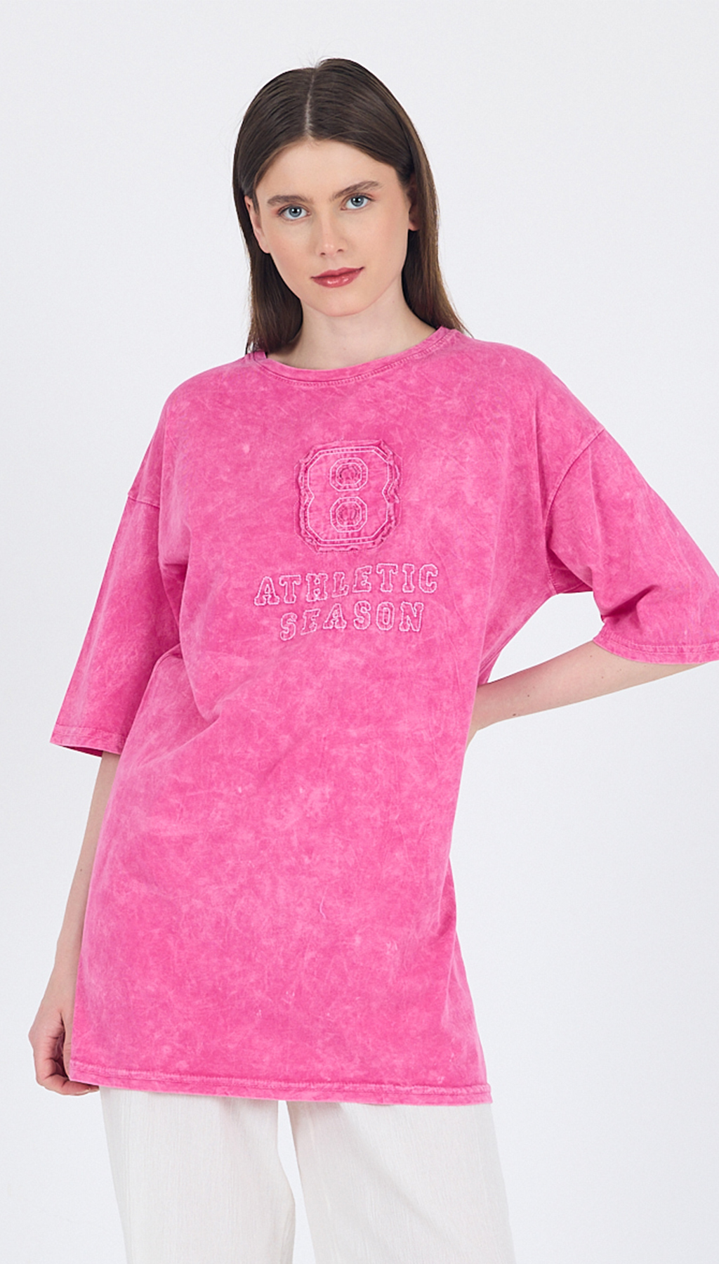 Fuşya Yazı Nakışlı Oversize Tişört 253017 - 2