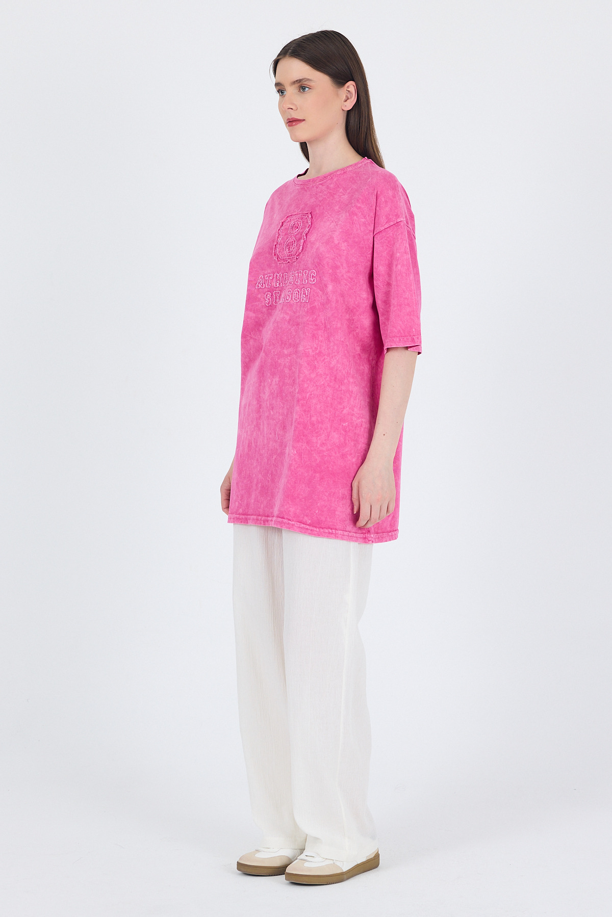 Fuşya Yazı Nakışlı Oversize Tişört 253017 - 3