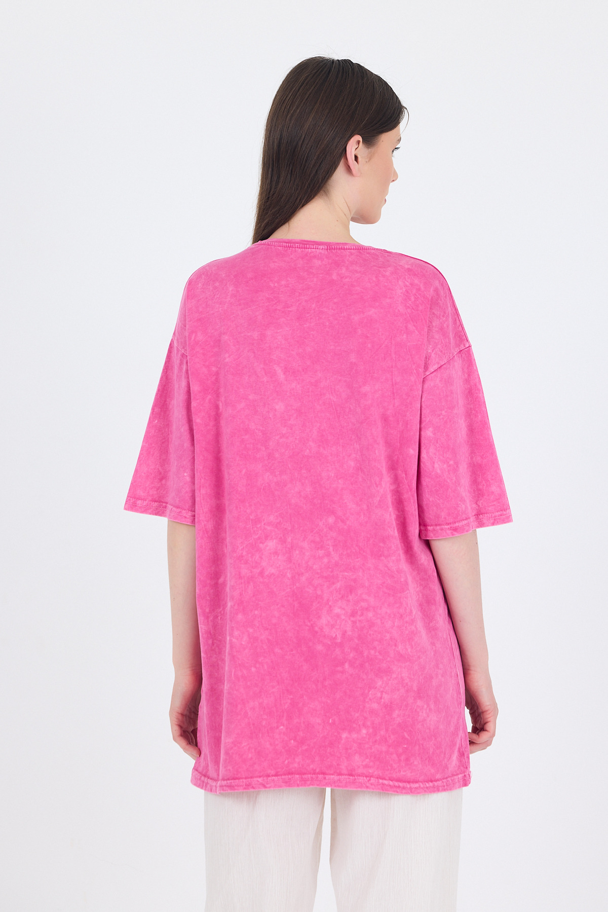 Fuşya Yazı Nakışlı Oversize Tişört 253017 - 5