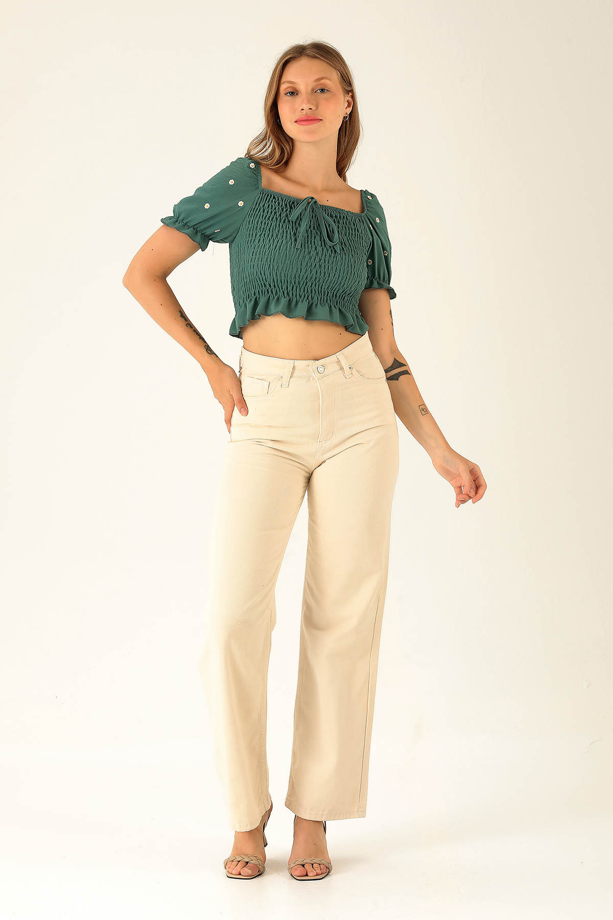 Gabardin Palazzo Bayan Pantolon - 4163-1 Taş - 1