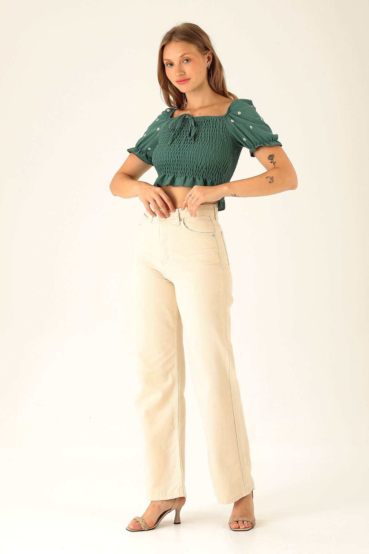 Gabardin Palazzo Bayan Pantolon - 4163-1 Taş - 2