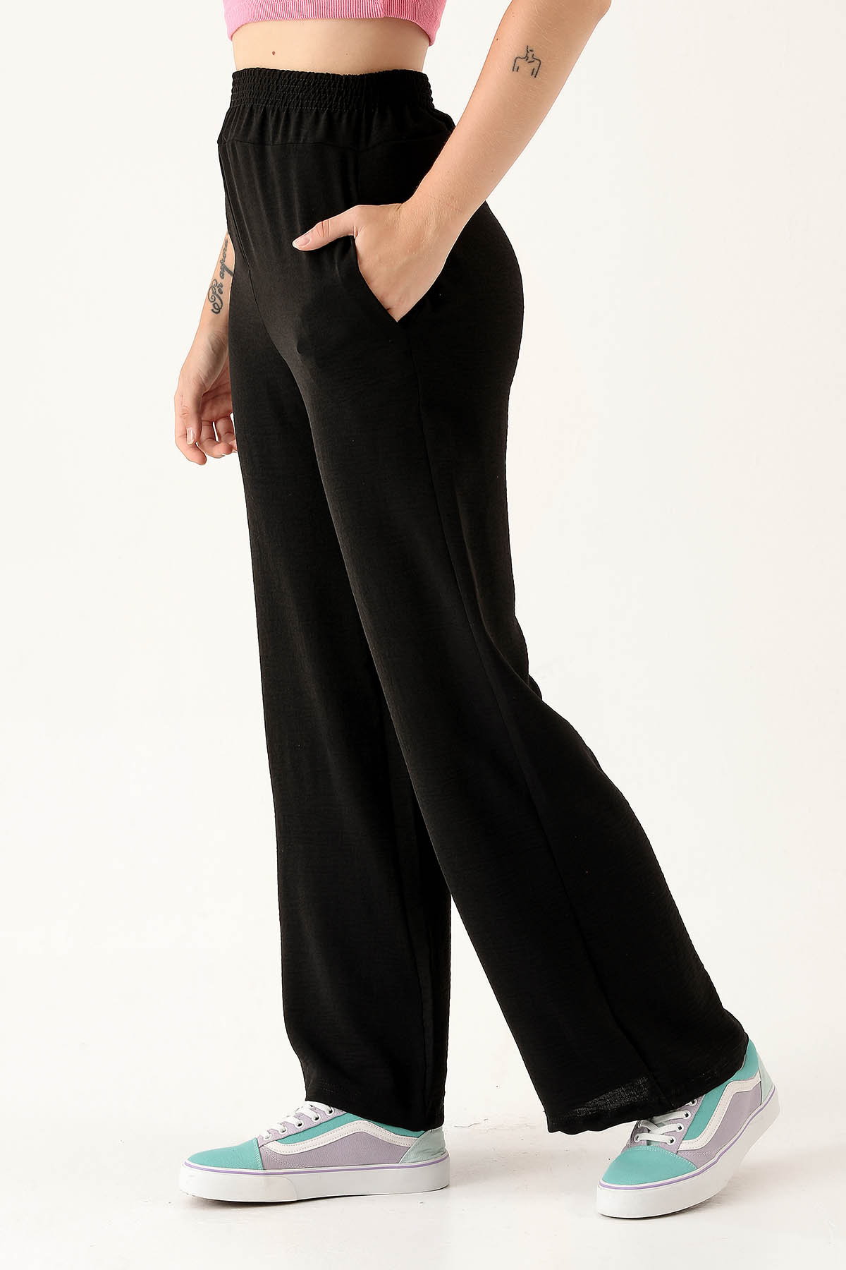 Geniş Kemerli Bol Bayan Pantolon - 8022M Siyah - 4