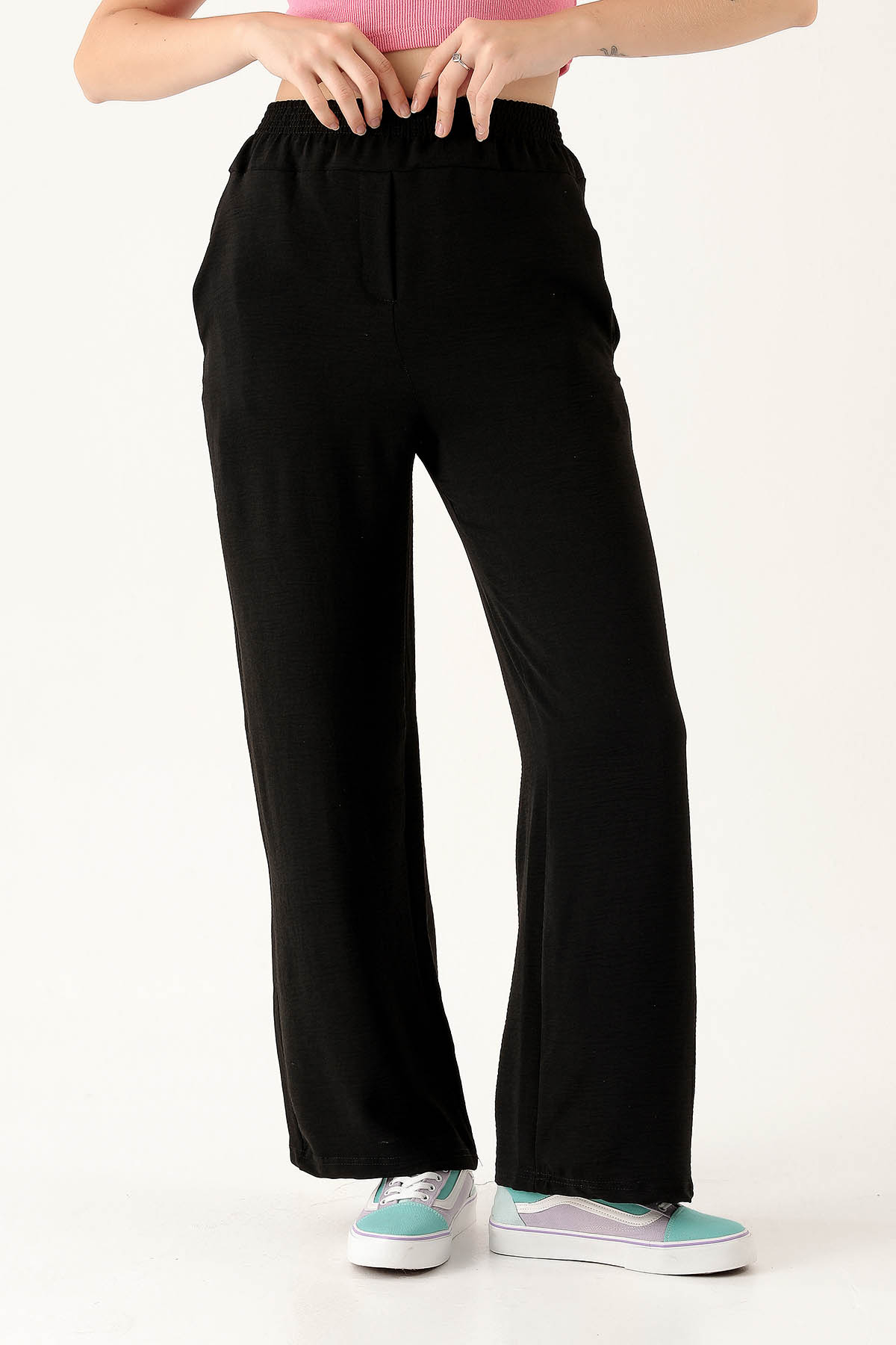 Geniş Kemerli Bol Bayan Pantolon - 8022M Siyah - 3