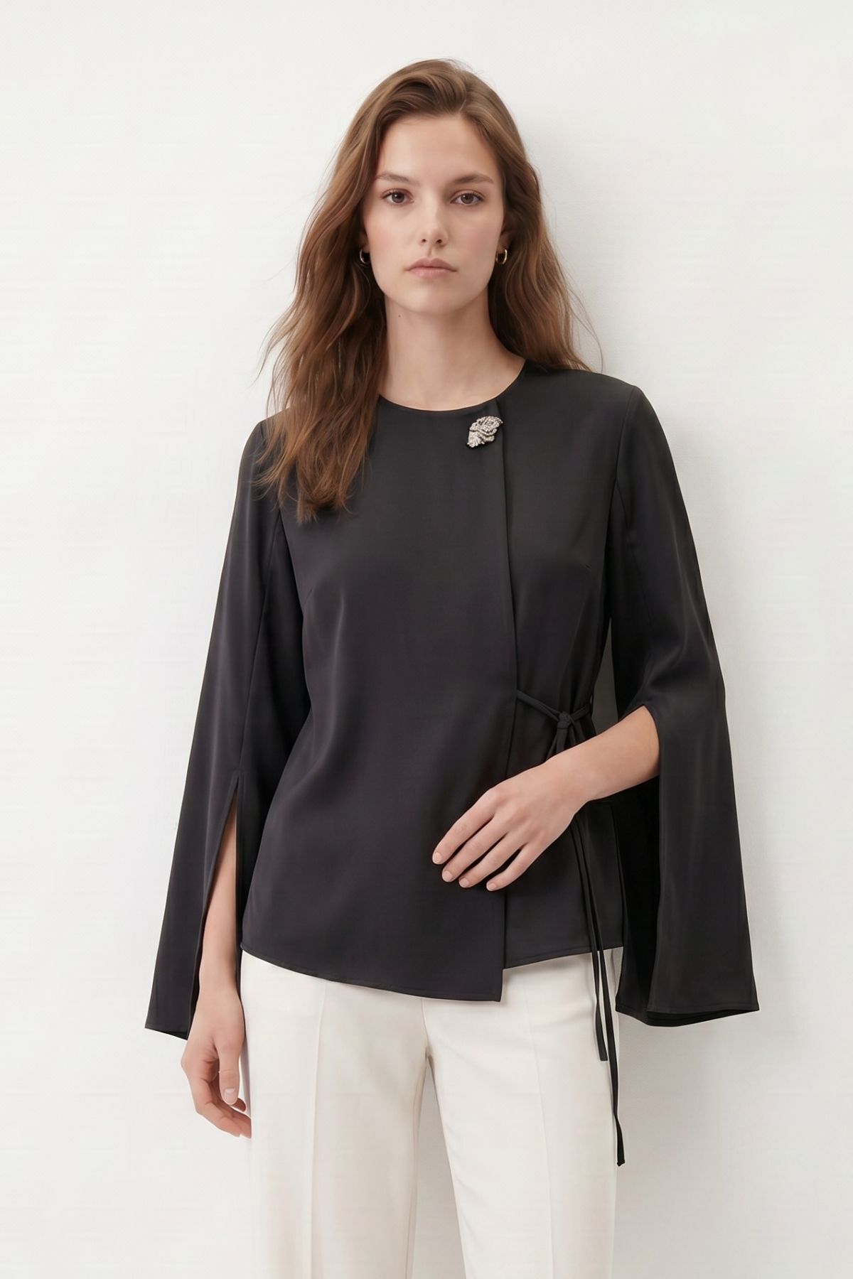 Geniş Kollu Yandan Bağlamalı Broşlu Kimono 6085 Siyah - Rays