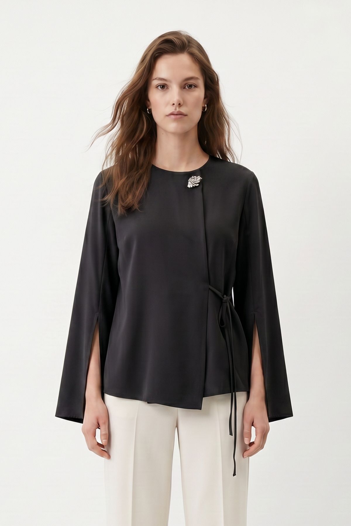 Geniş Kollu Yandan Bağlamalı Broşlu Kimono 6085 Siyah - Rays