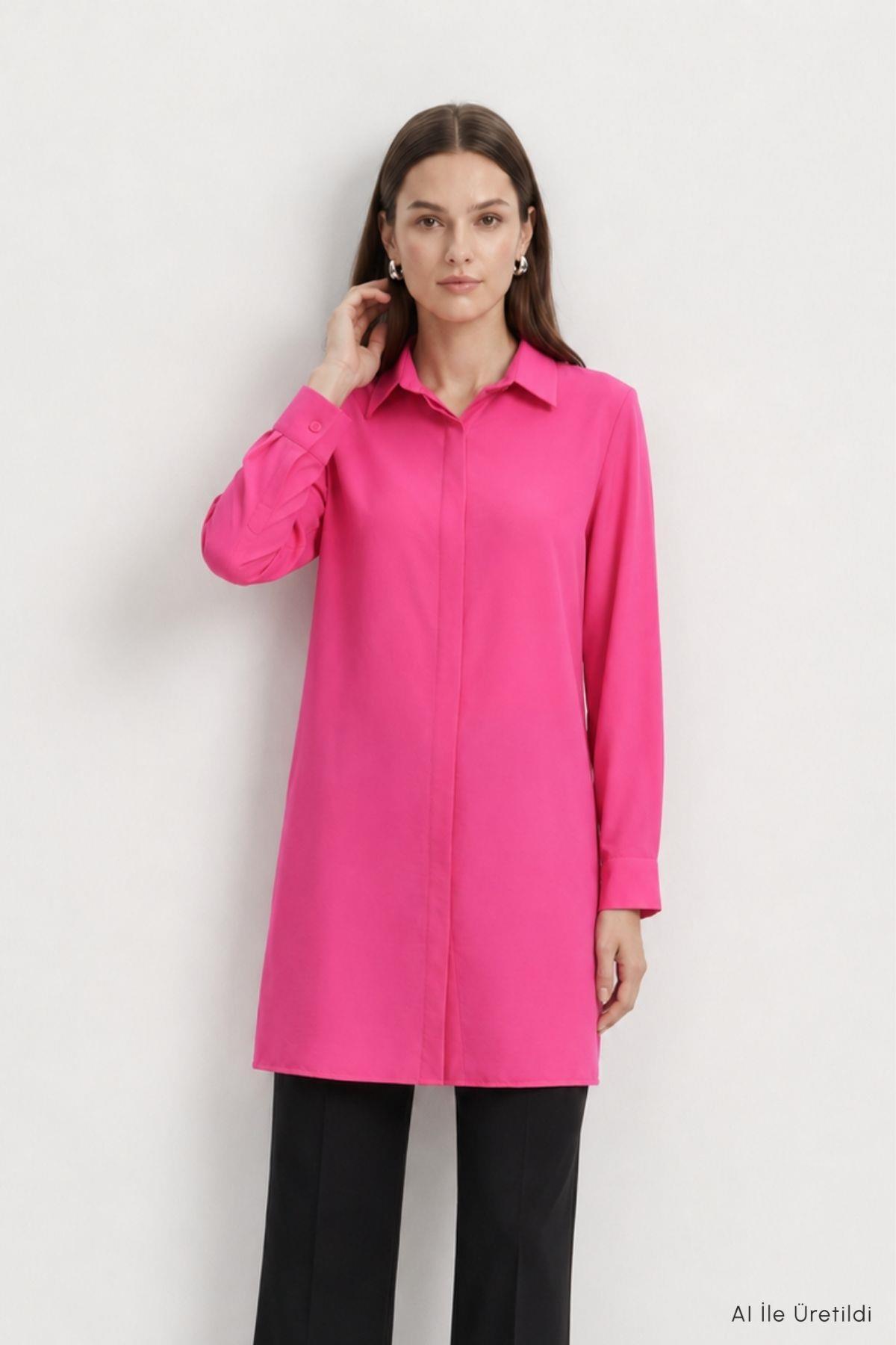 Gizli Düğmeli Tunik 8698 Fuşya - 2