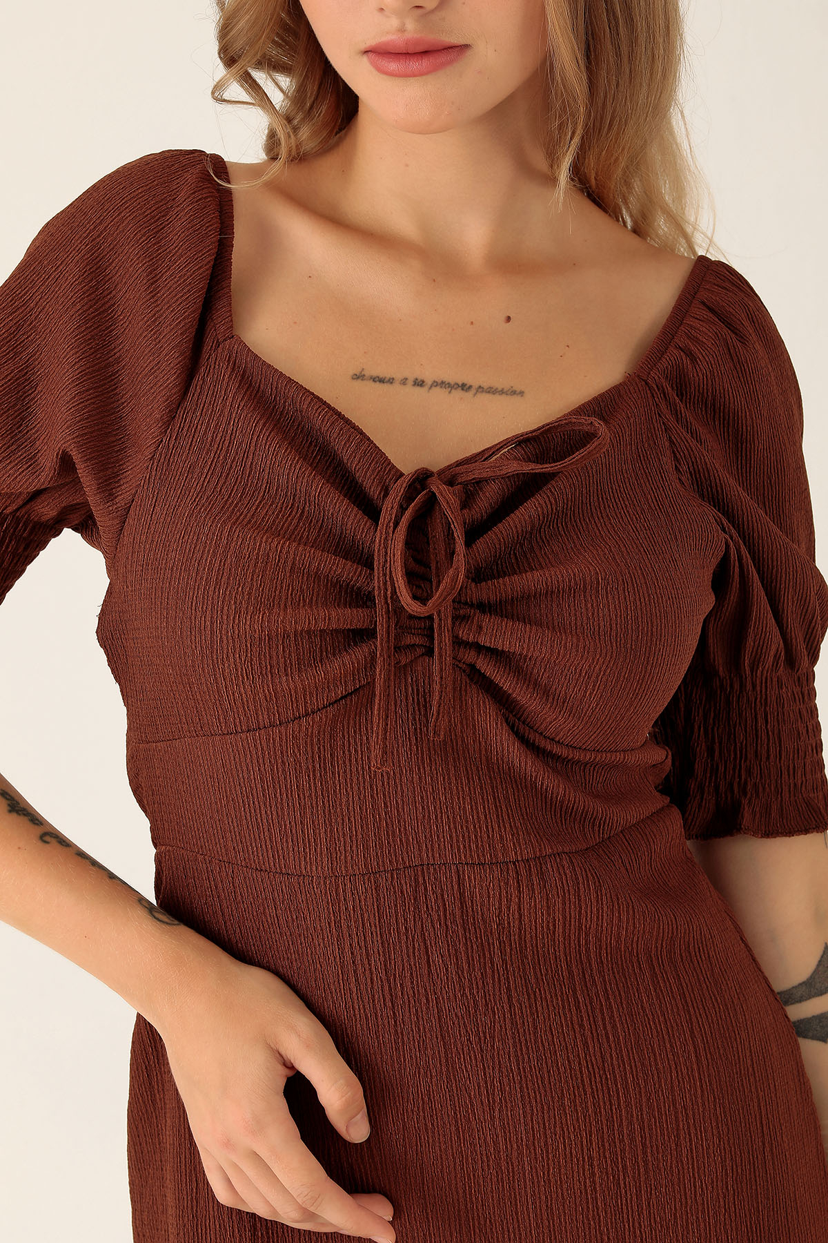 Göğüs Büzgü Detay Elbise - 1263 Acı Kahve - 6