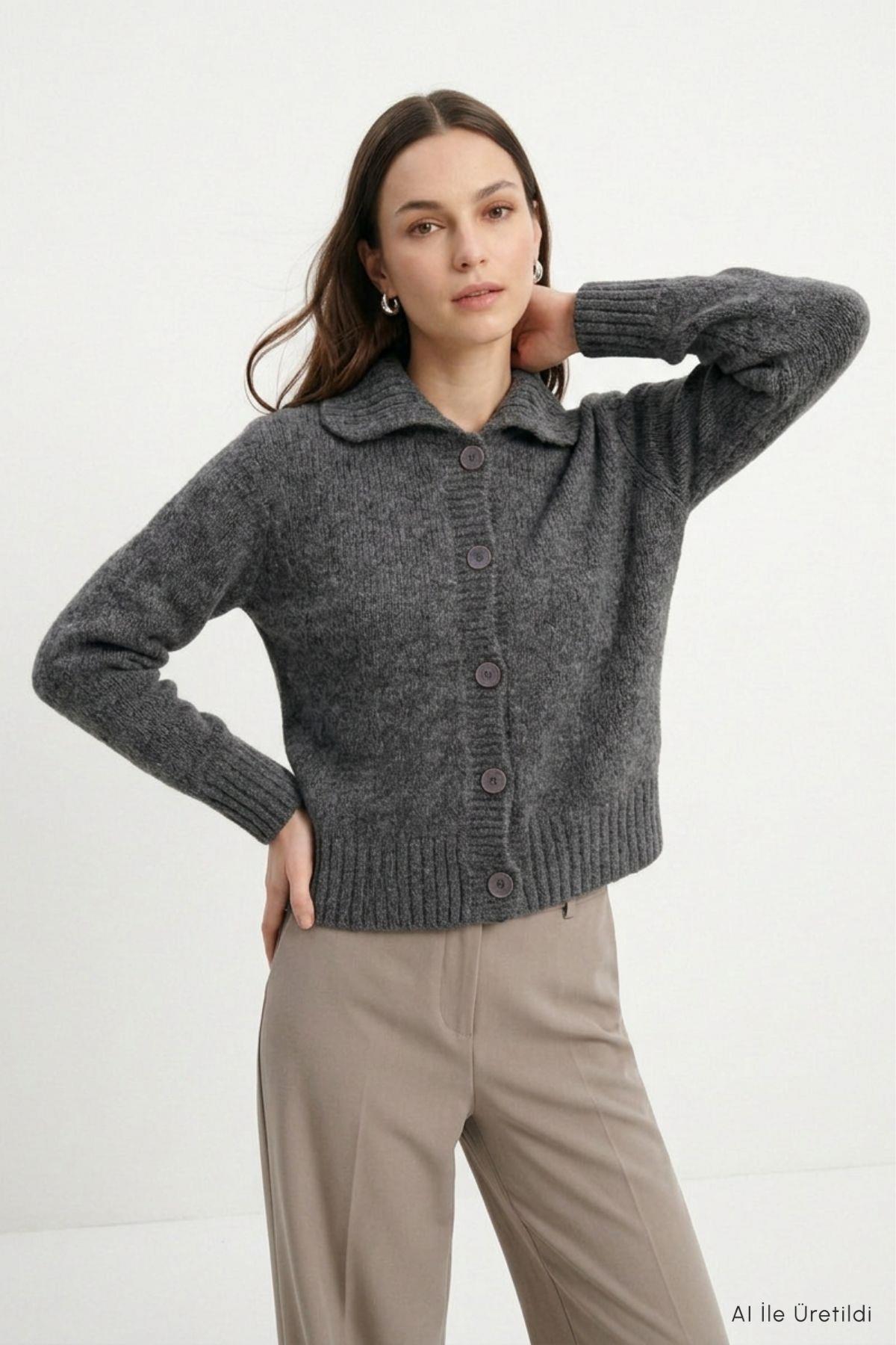 Gömlek Yaka Düğmeli Hırka 00179 Antrasit - 3