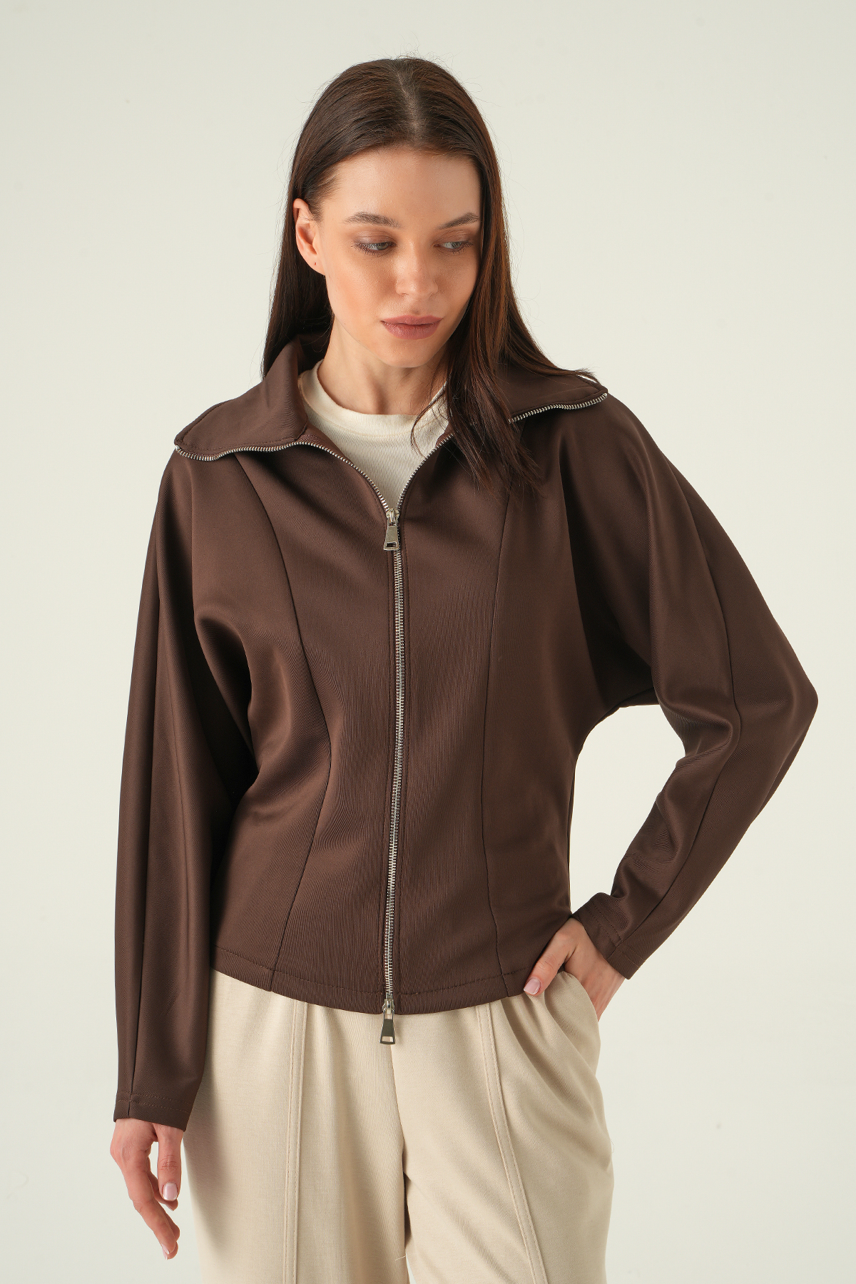 Gömlek Yaka Fermuarlı Hırka Kahve 8366A - RAYS (1)