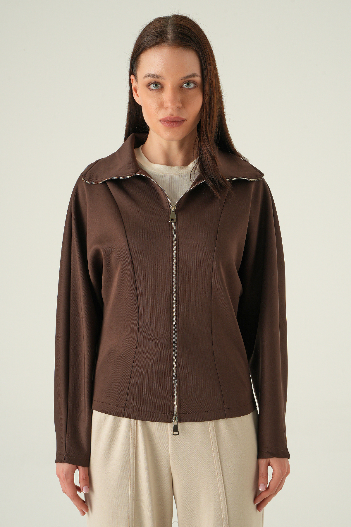 Gömlek Yaka Fermuarlı Hırka Kahve 8366A - 1