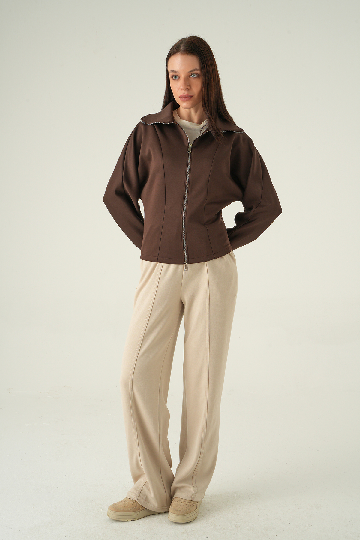 Gömlek Yaka Fermuarlı Hırka Kahve 8366A - 3